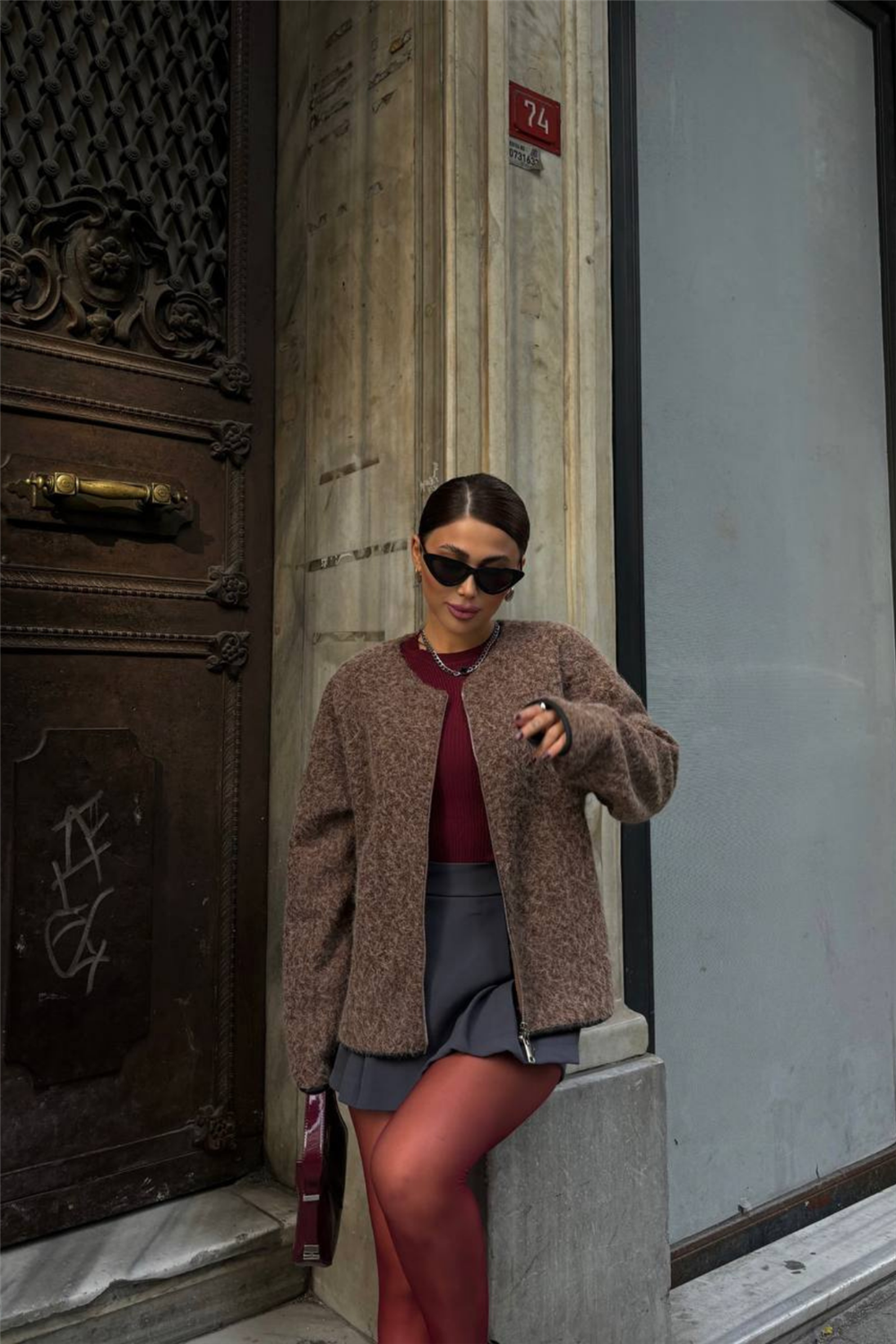 KAŞE FERMUARLI BLUZ - Kahverengi