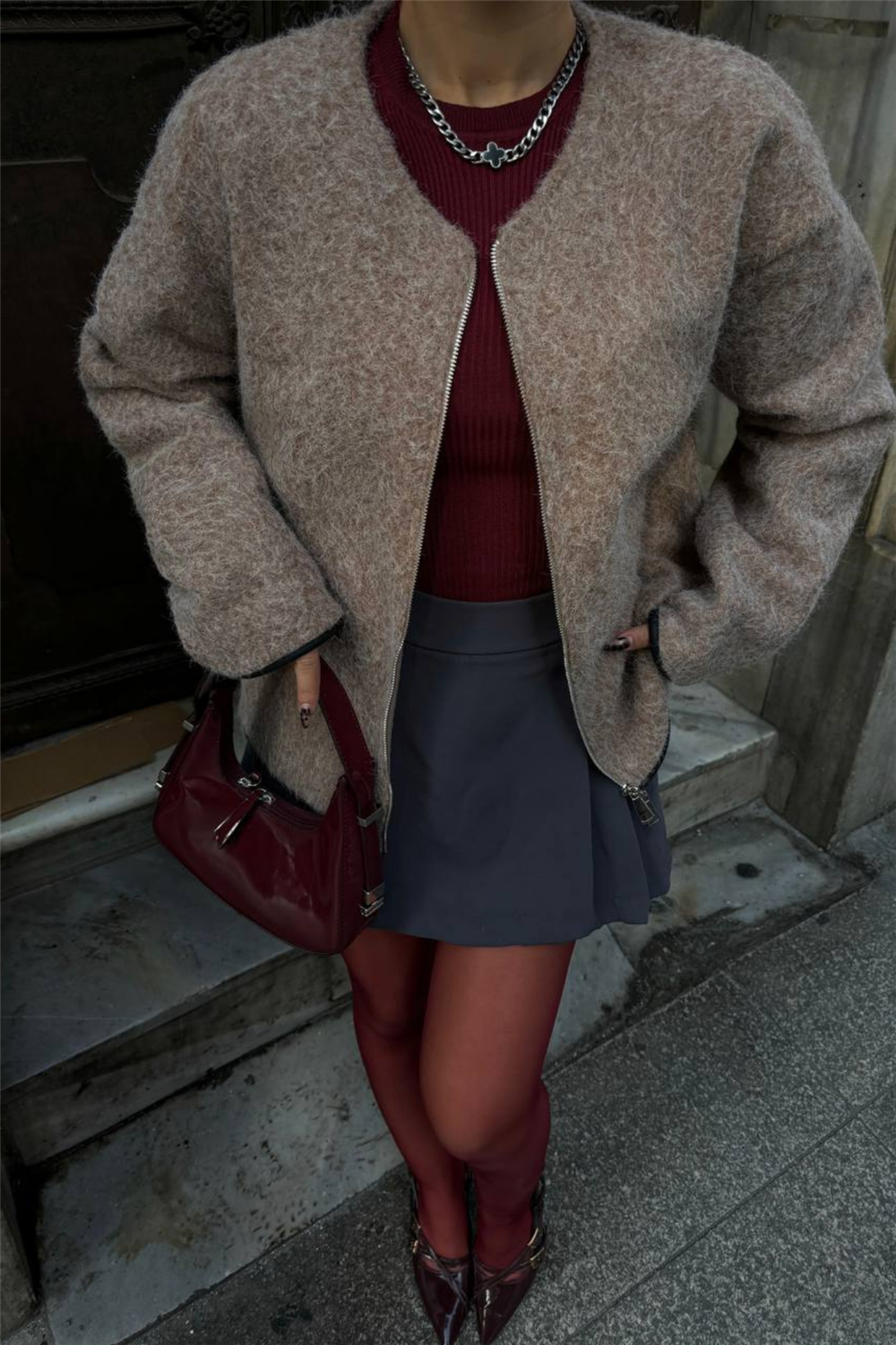 KAŞE FERMUARLI BLUZ - Vizon