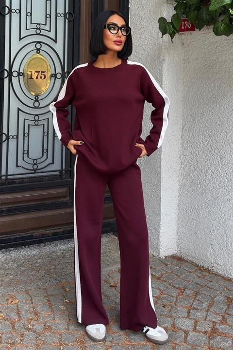 Kenarları Çizgili Rahat Triko Takım 10217 BORDO STD