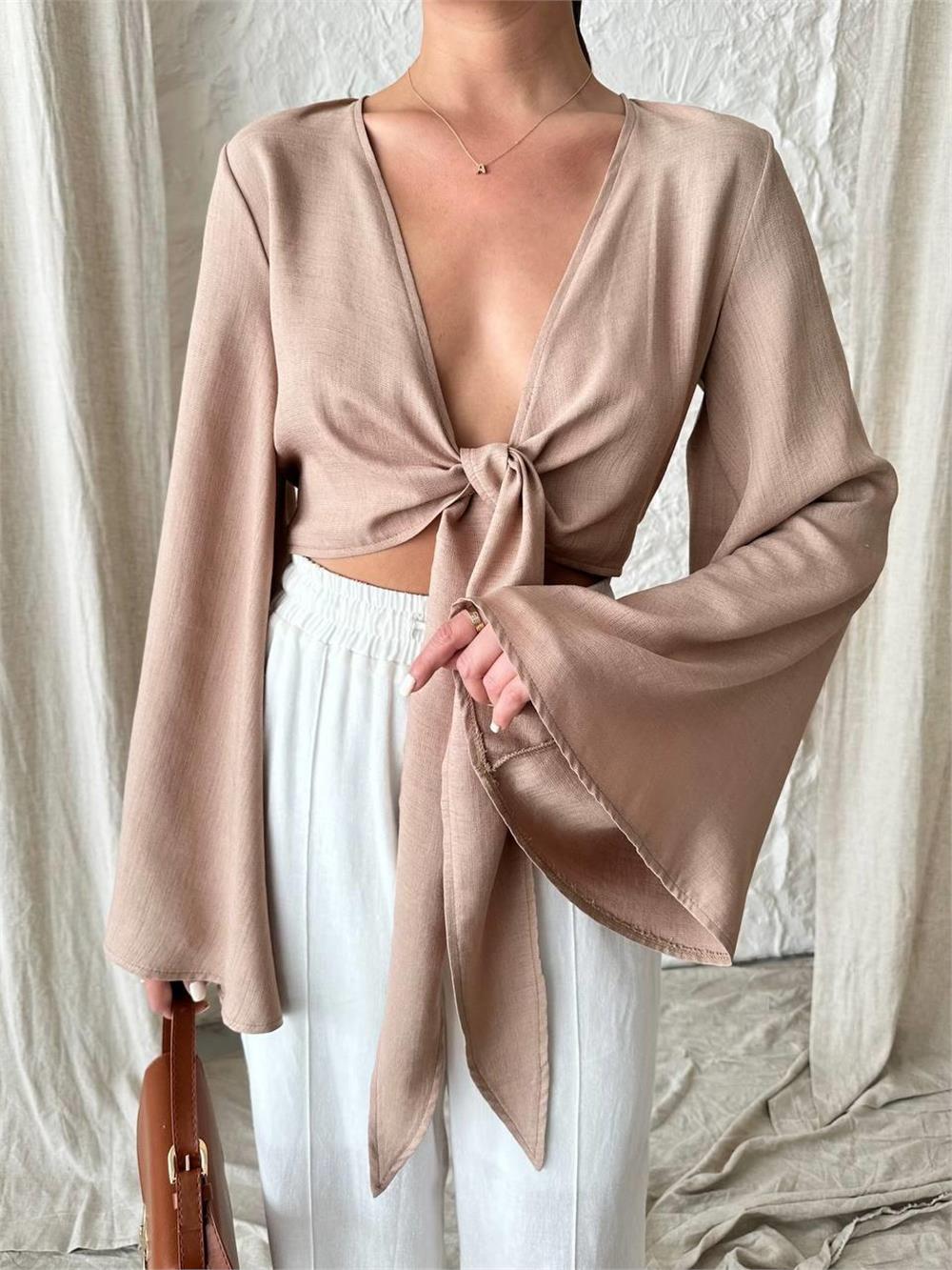 KETEN BAĞLAMA DETAYLI BLUZ İSPANYOL KOL - Kahverengi