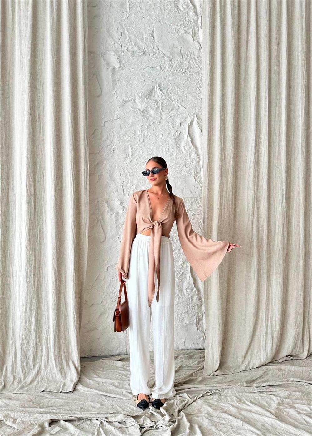 KETEN BAĞLAMA DETAYLI BLUZ İSPANYOL KOL - Kahverengi