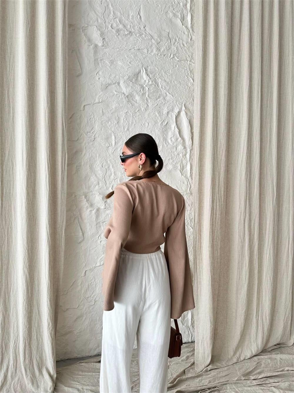 KETEN BAĞLAMA DETAYLI BLUZ İSPANYOL KOL - Kahverengi