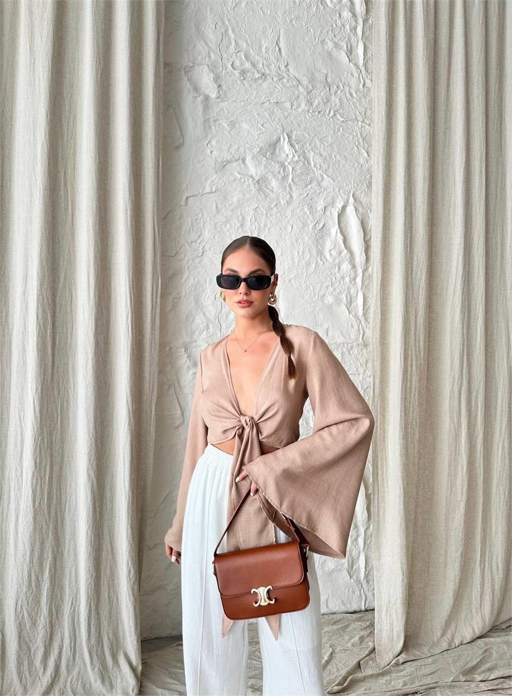 KETEN BAĞLAMA DETAYLI BLUZ İSPANYOL KOL - Kahverengi