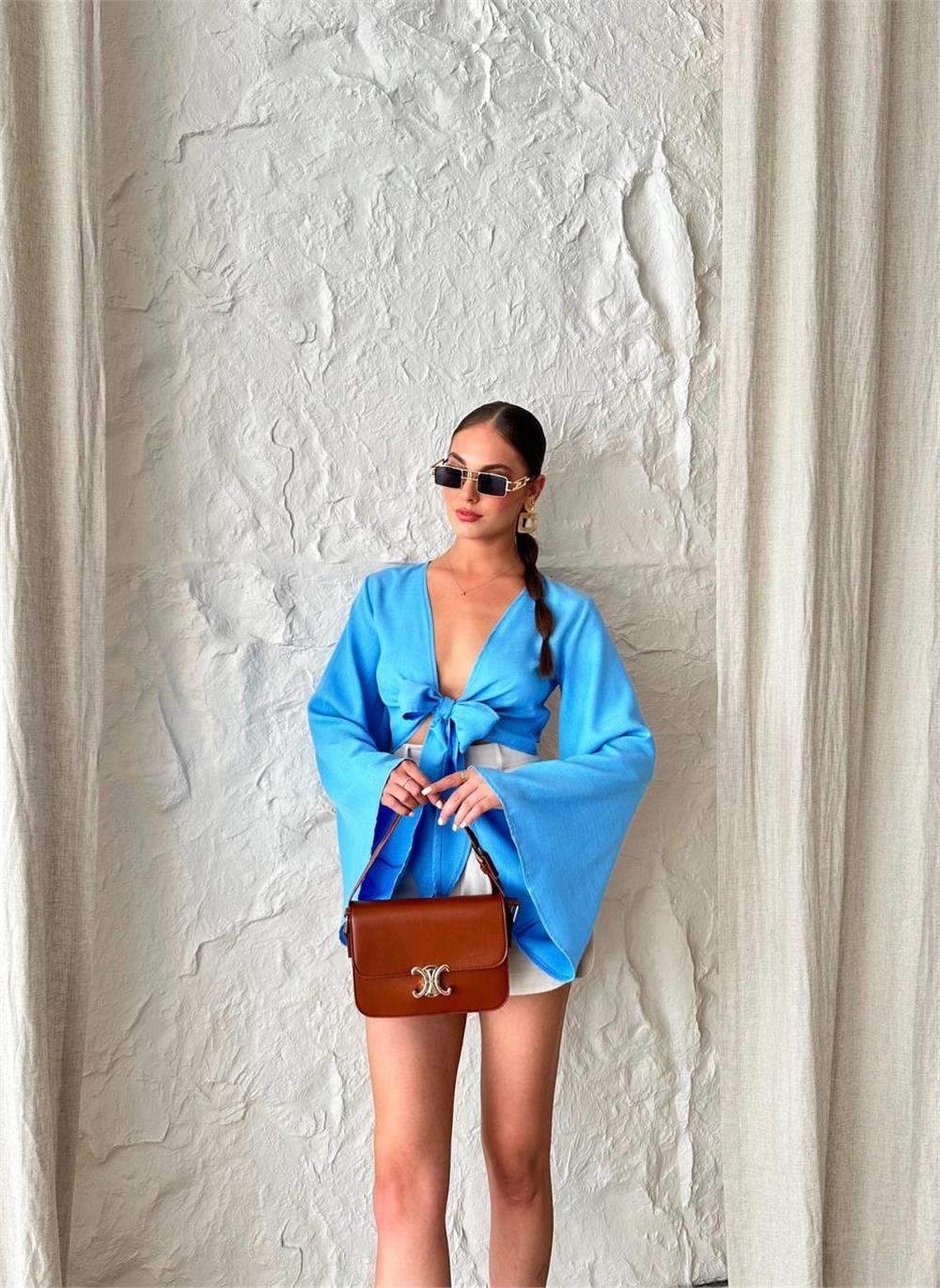 KETEN BAĞLAMA DETAYLI BLUZ İSPANYOL KOL - Mavi