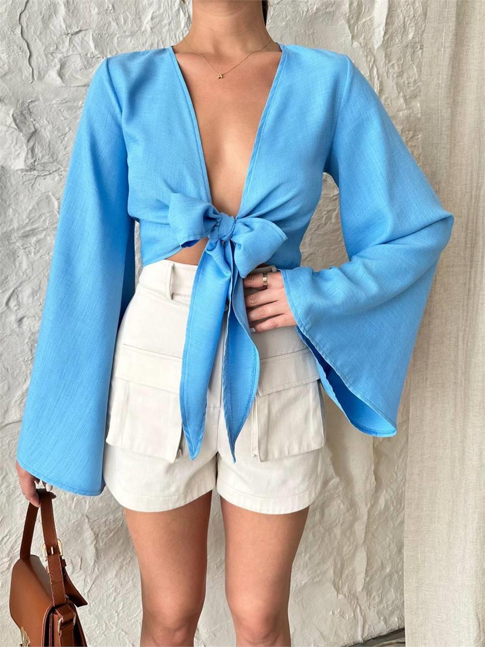 KETEN BAĞLAMA DETAYLI BLUZ İSPANYOL KOL - Mavi