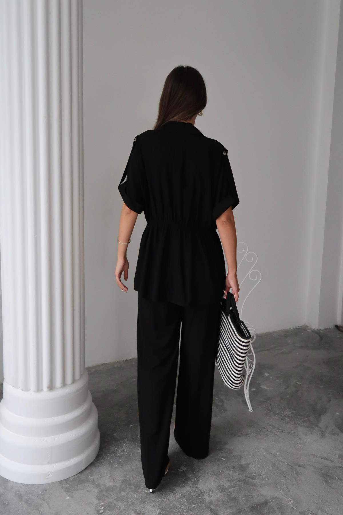 KETEN BELDEN BÜZGÜ DETAYLI GÖMLEK - PANTOLON TAKIM - Siyah