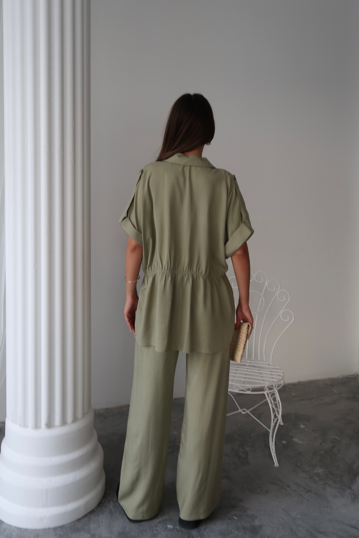 KETEN BELDEN BÜZGÜ DETAYLI GÖMLEK - PANTOLON TAKIM - Yeşil