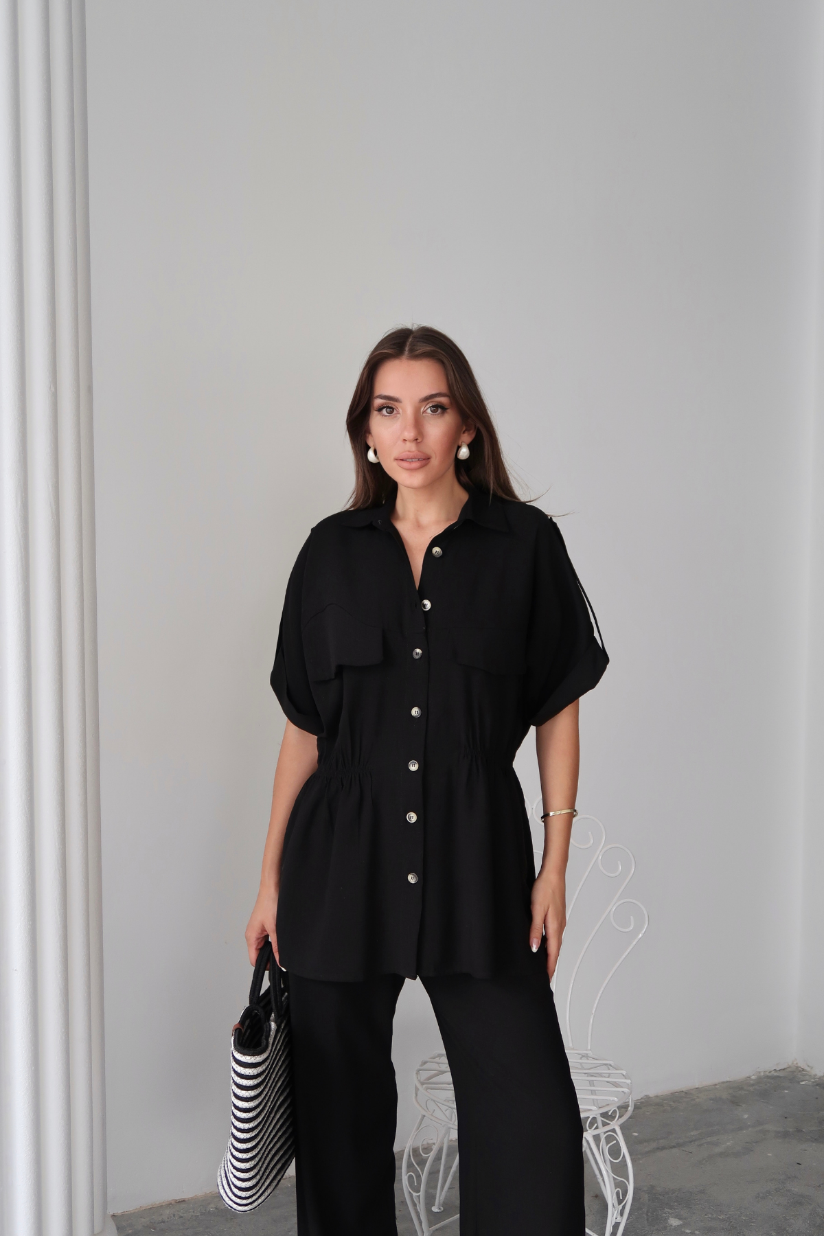 KETEN BELDEN BÜZGÜ DETAYLI GÖMLEK - PANTOLON TAKIM - Siyah