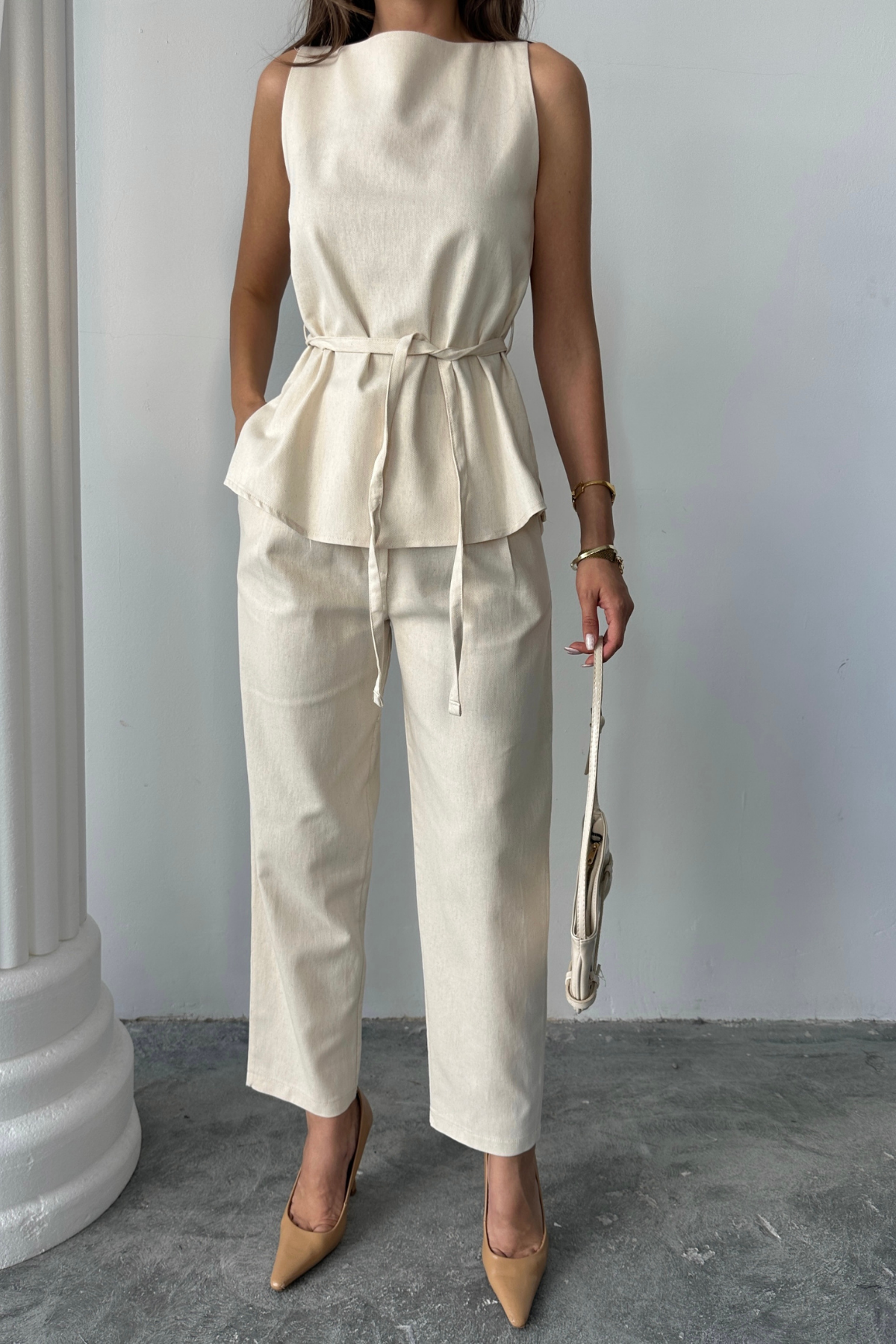 KETEN BLUZ - PANTOLON TAKIM MASSİMO MODEL SCREAT KUMAŞ - Bej