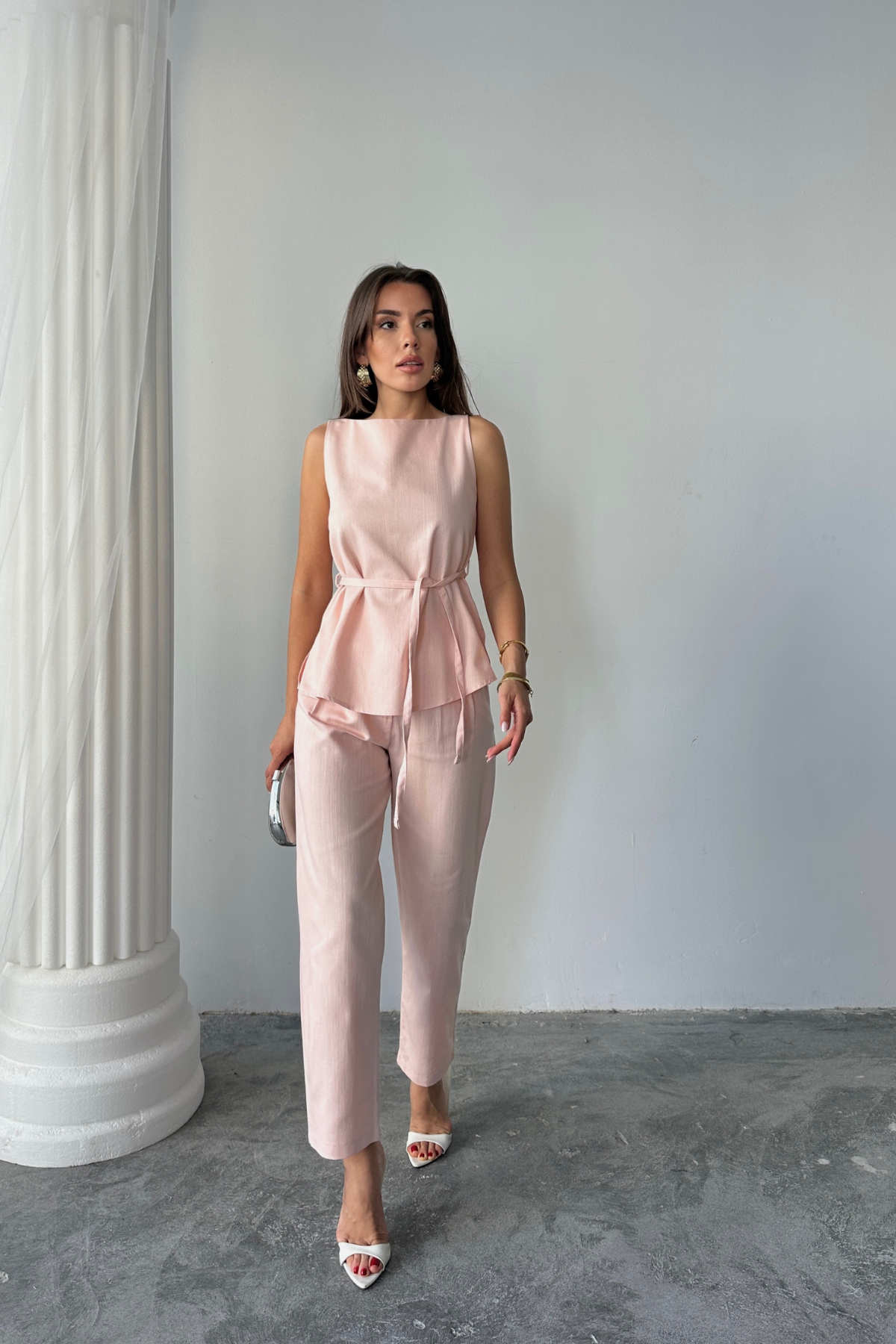 KETEN BLUZ - PANTOLON TAKIM MASSİMO MODEL SCREAT KUMAŞ - Pudra