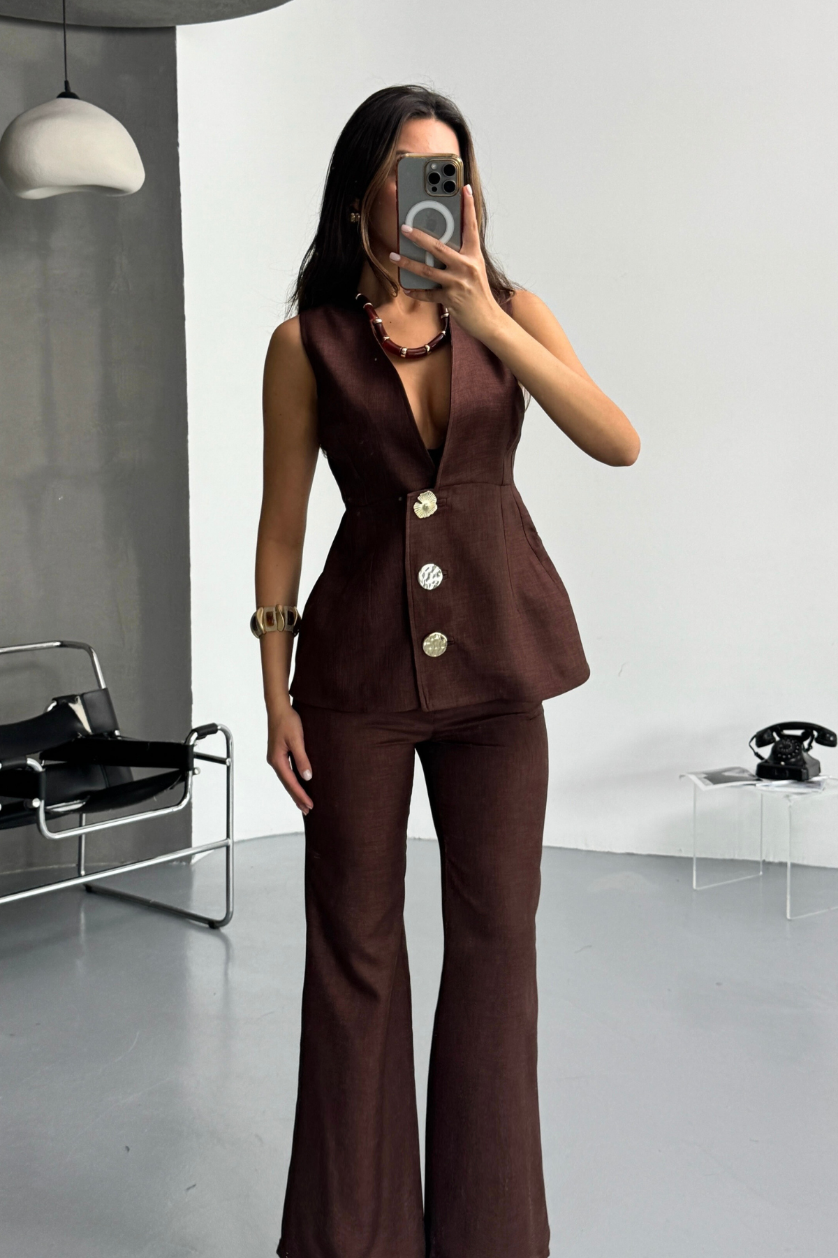 KETEN GOLD DÜĞMELİ YELEK - PANTOLON TK - Kahverengi