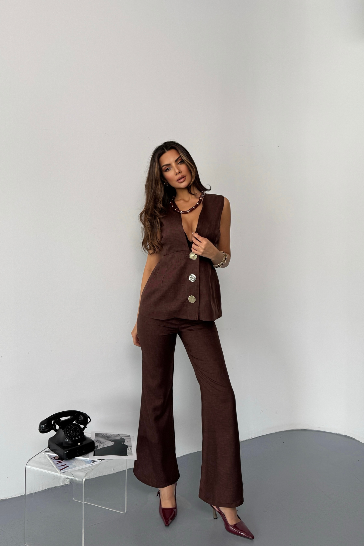 KETEN GOLD DÜĞMELİ YELEK - PANTOLON TK - Kahverengi