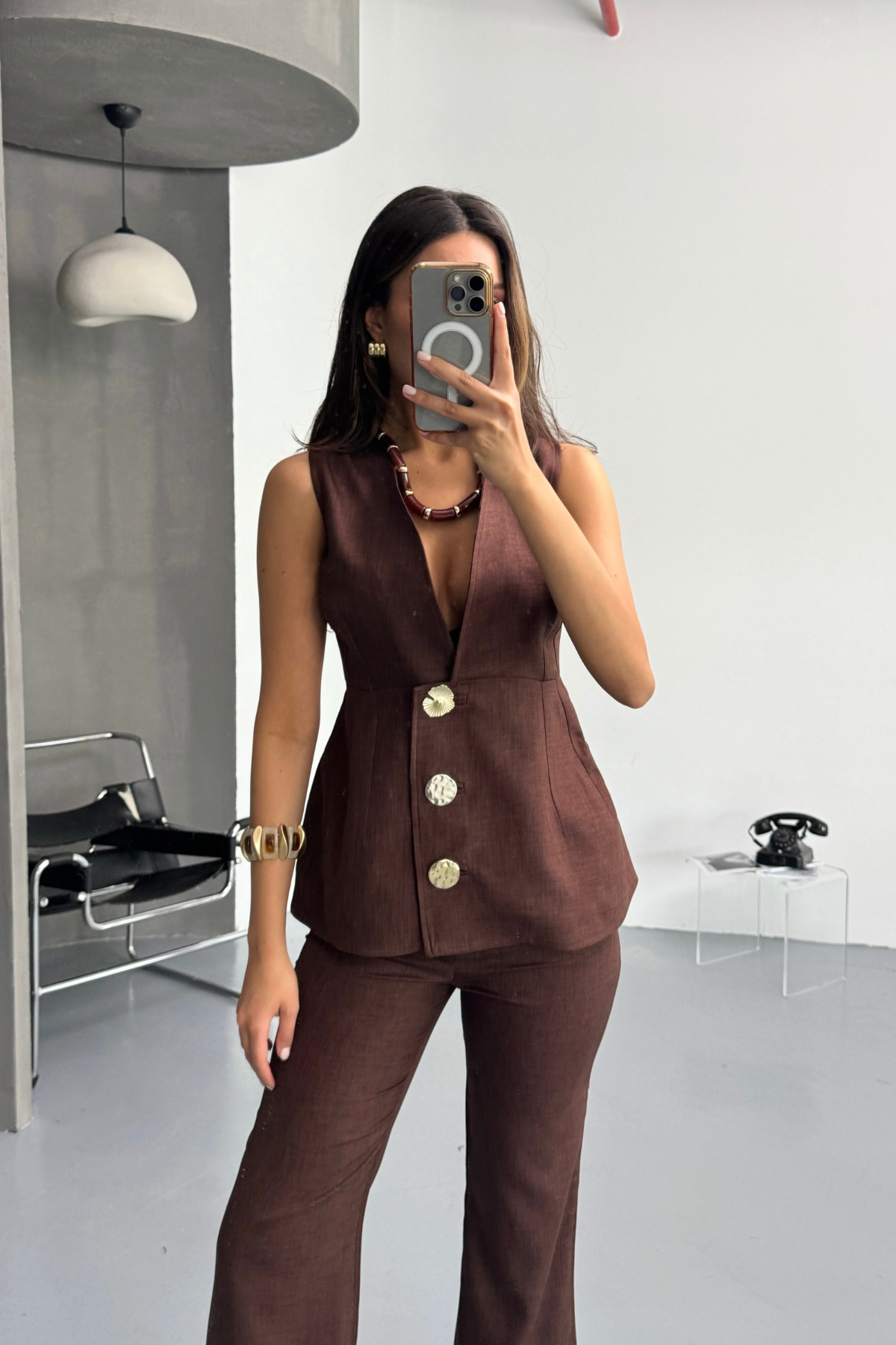 KETEN GOLD DÜĞMELİ YELEK - PANTOLON TK - Kahverengi