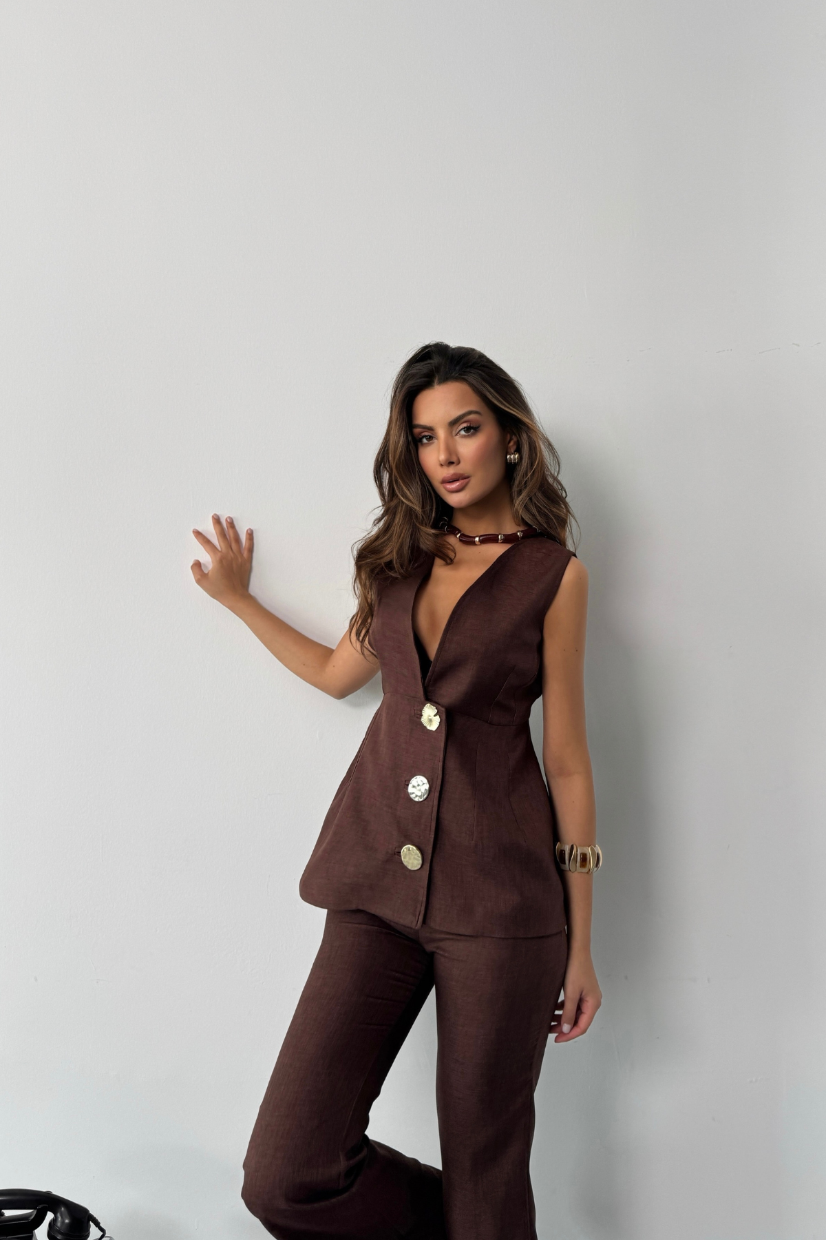 KETEN GOLD DÜĞMELİ YELEK - PANTOLON TK - Kahverengi