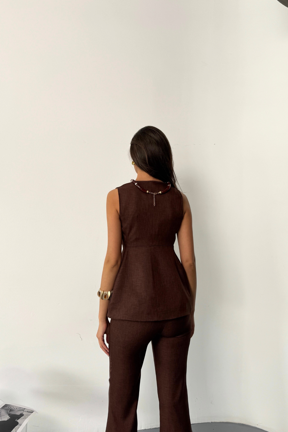 KETEN GOLD DÜĞMELİ YELEK - PANTOLON TK - Kahverengi