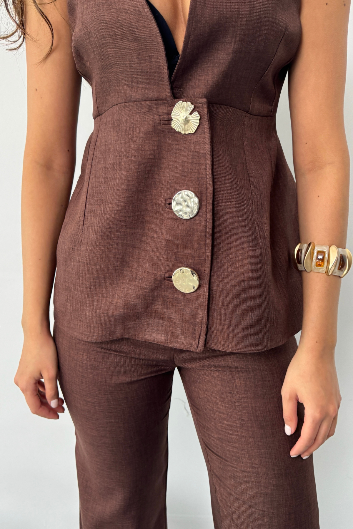 KETEN GOLD DÜĞMELİ YELEK - PANTOLON TK - Kahverengi