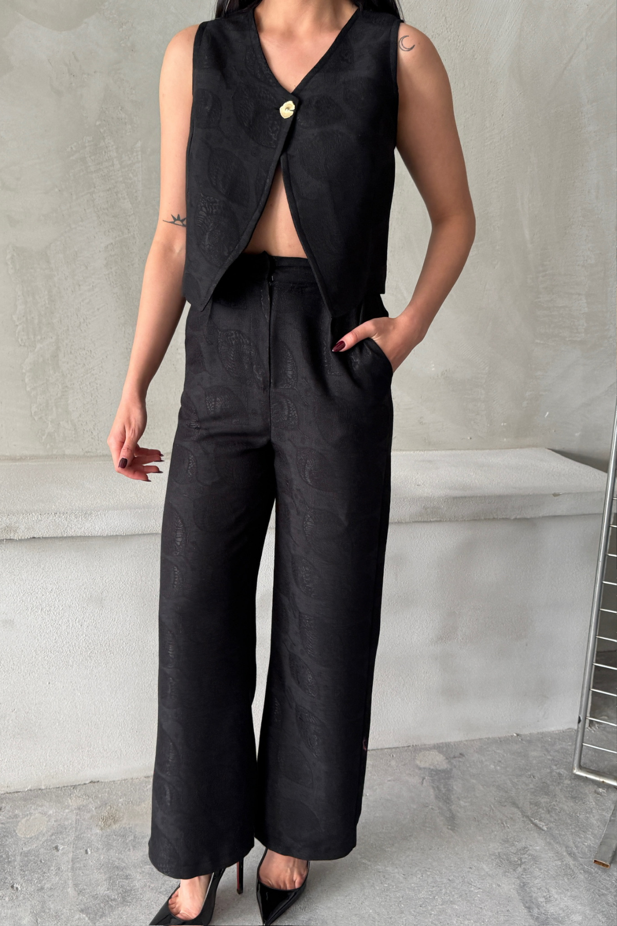 KETEN TEK DÜĞME YELEK-PANTOLON TAKIM - Siyah