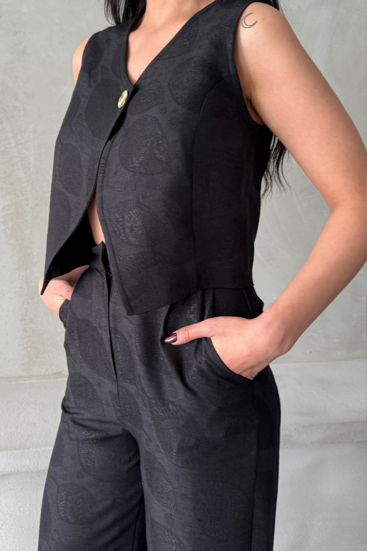 KETEN TEK DÜĞME YELEK-PANTOLON TAKIM - Siyah