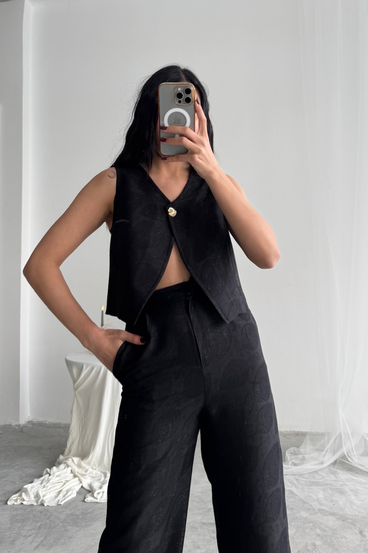 KETEN TEK DÜĞME YELEK-PANTOLON TAKIM - Siyah