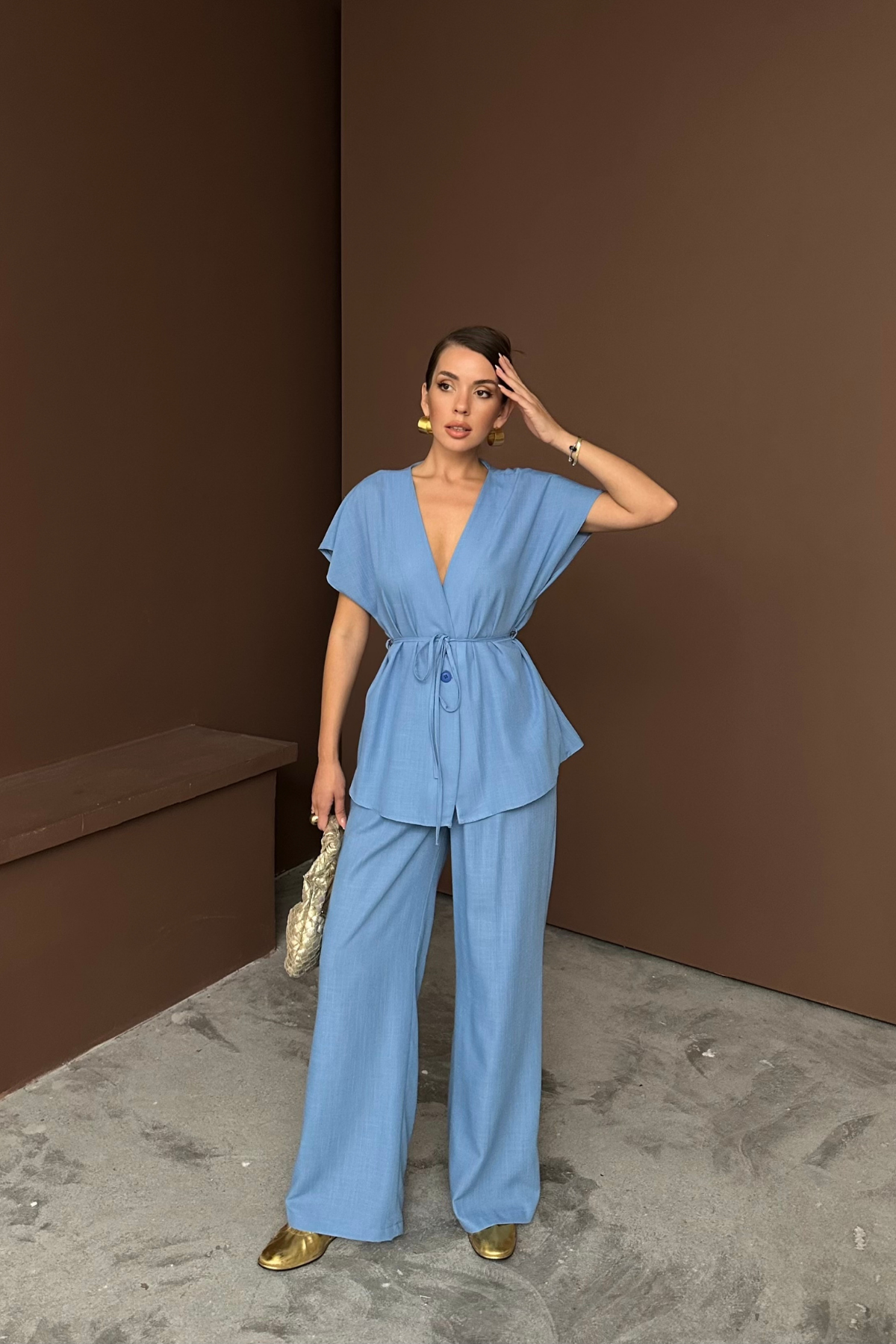 KETEN V YAKA BELDEN BAĞLAMALI BLUZ-PANTOLON TAKIM - Mavi