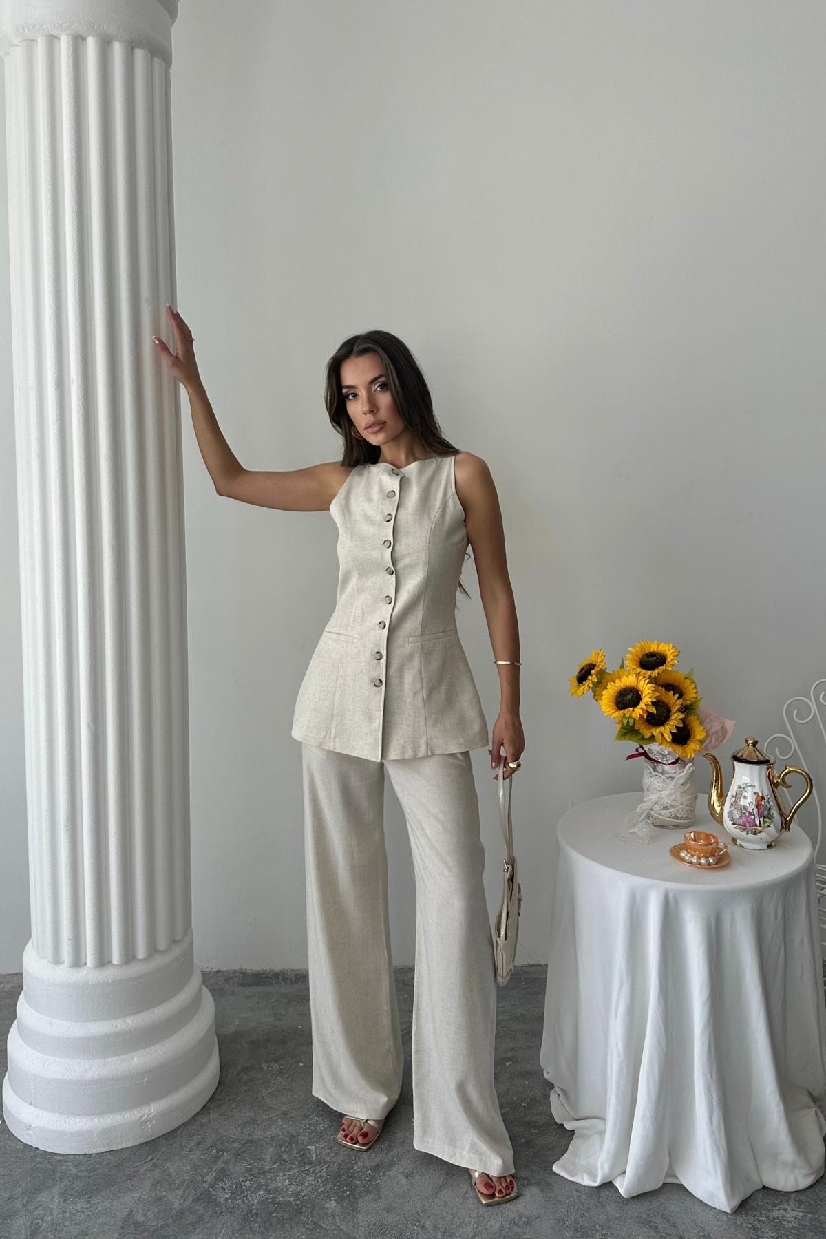 KETEN YELEK - PANTOLON TAKIM - Taş