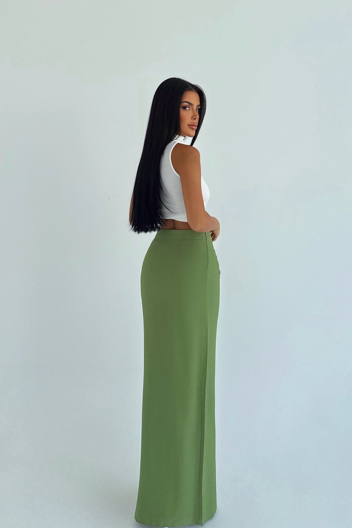 Haki Yırtmaç Detaylı Uzun Etek