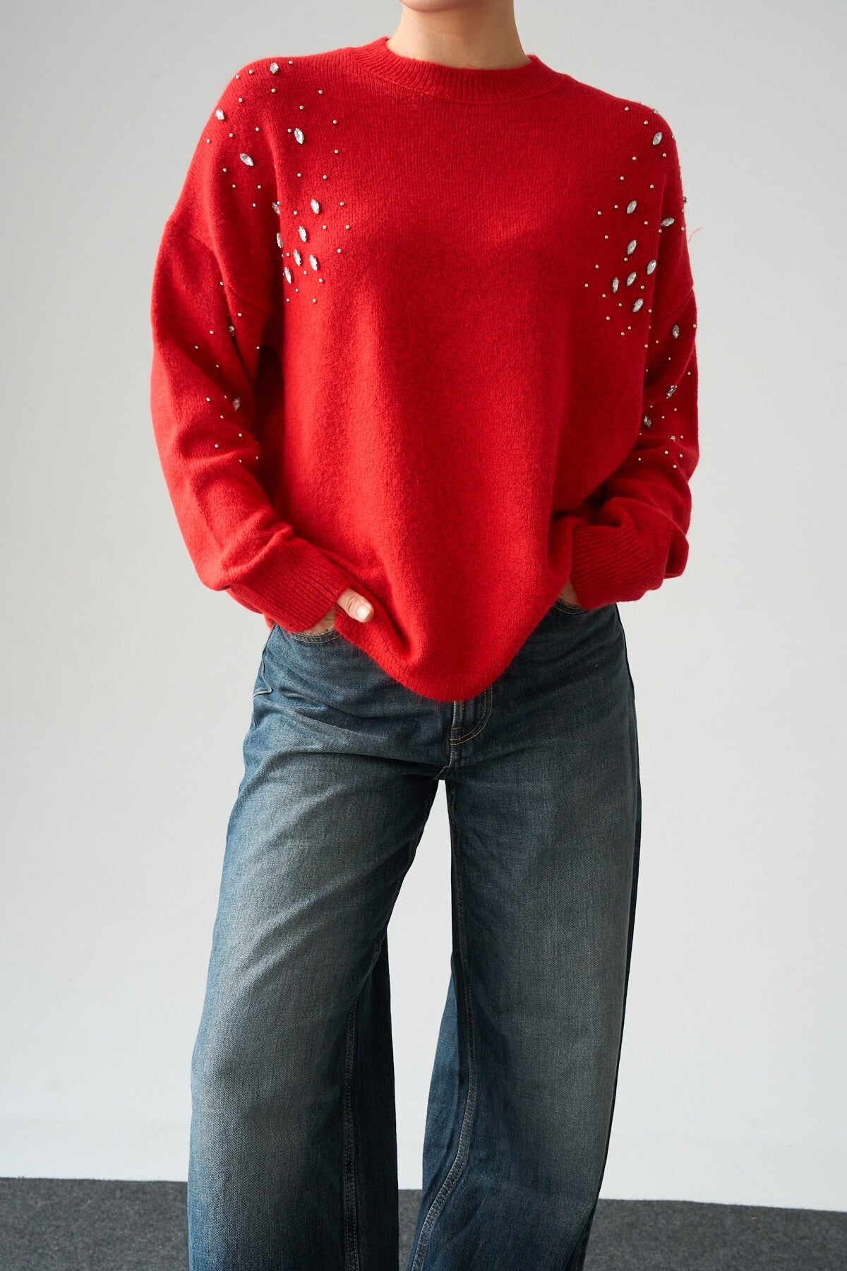Red Sweater with Embellished Shoulders