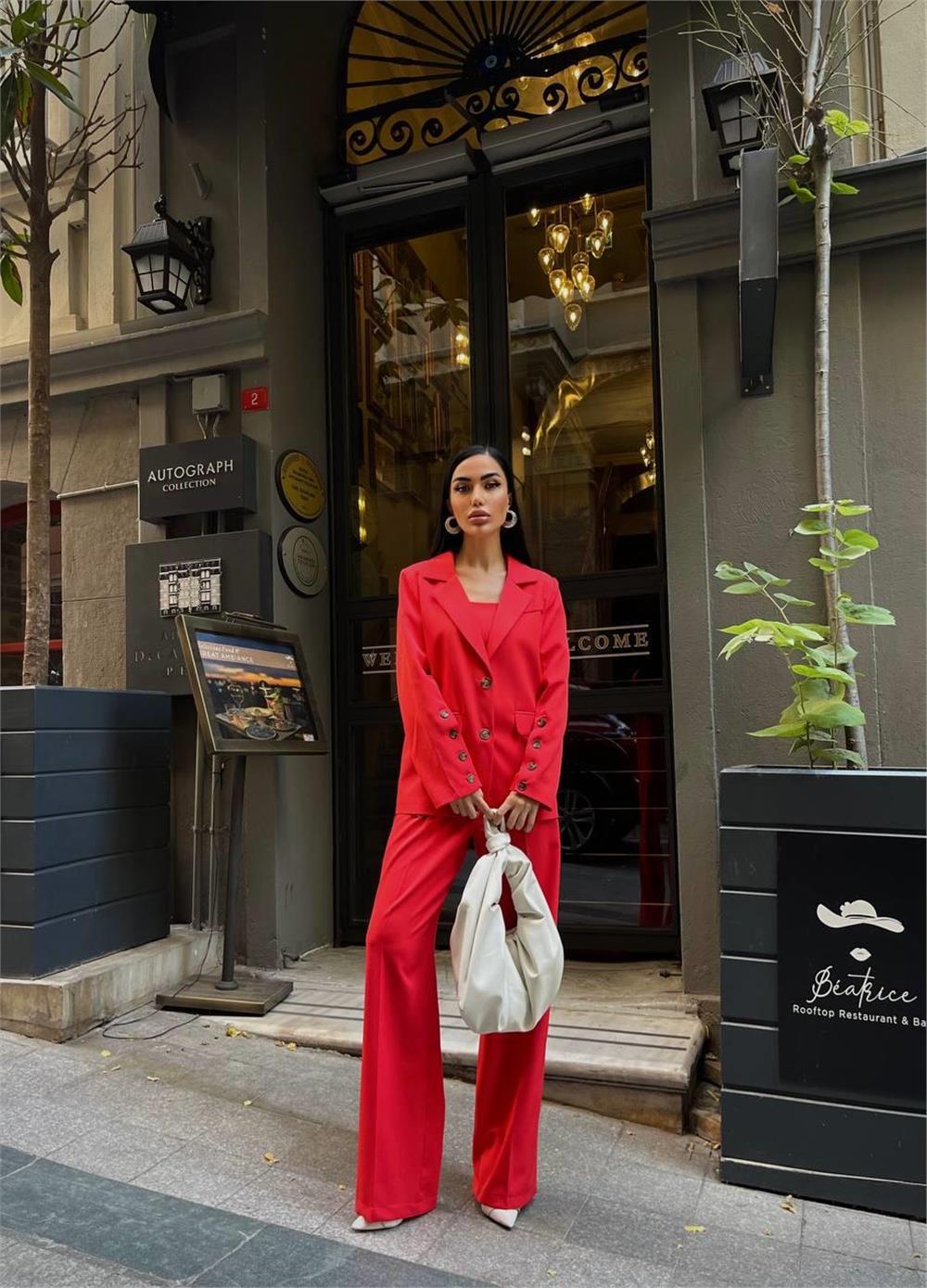 KOL 4 DÜĞME - BÜSTİYERLİ 3 CEKET PANTOLON TAKIM - Nar