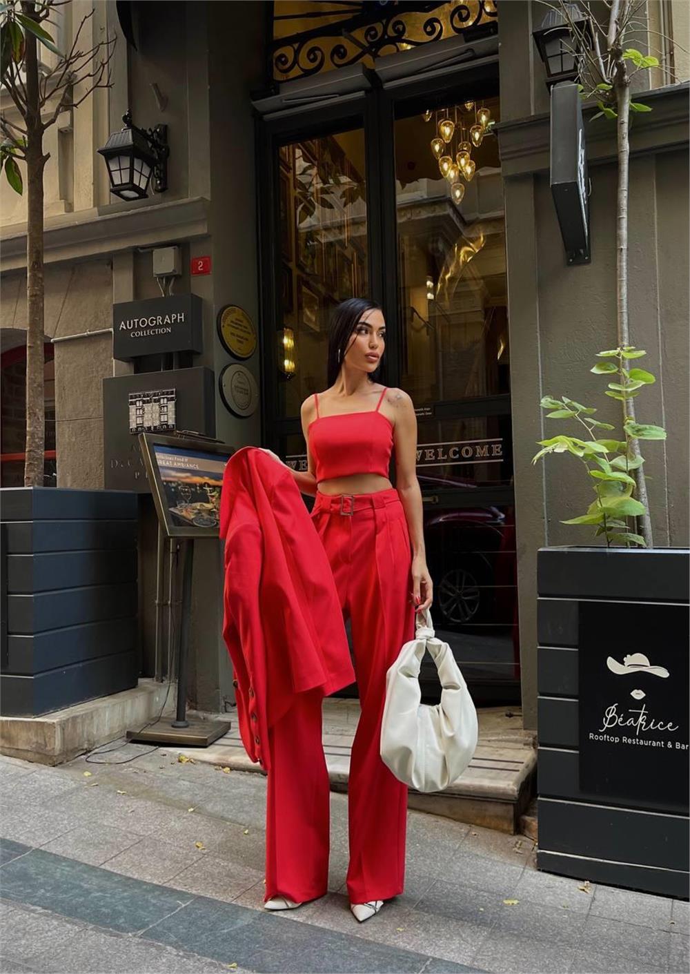 KOL 4 DÜĞME - BÜSTİYERLİ 3 CEKET PANTOLON TAKIM - Nar