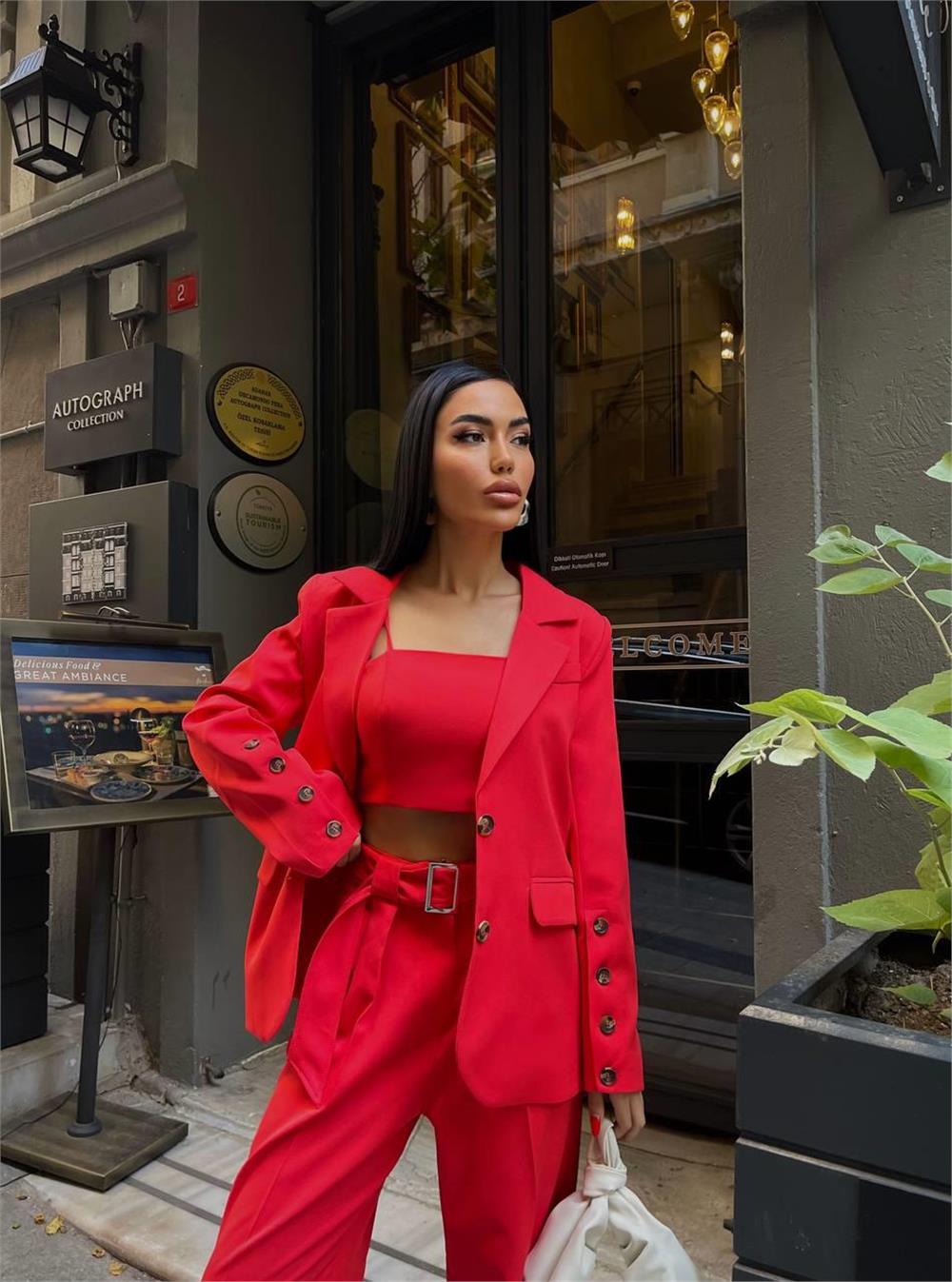 KOL 4 DÜĞME - BÜSTİYERLİ 3 CEKET PANTOLON TAKIM - Nar