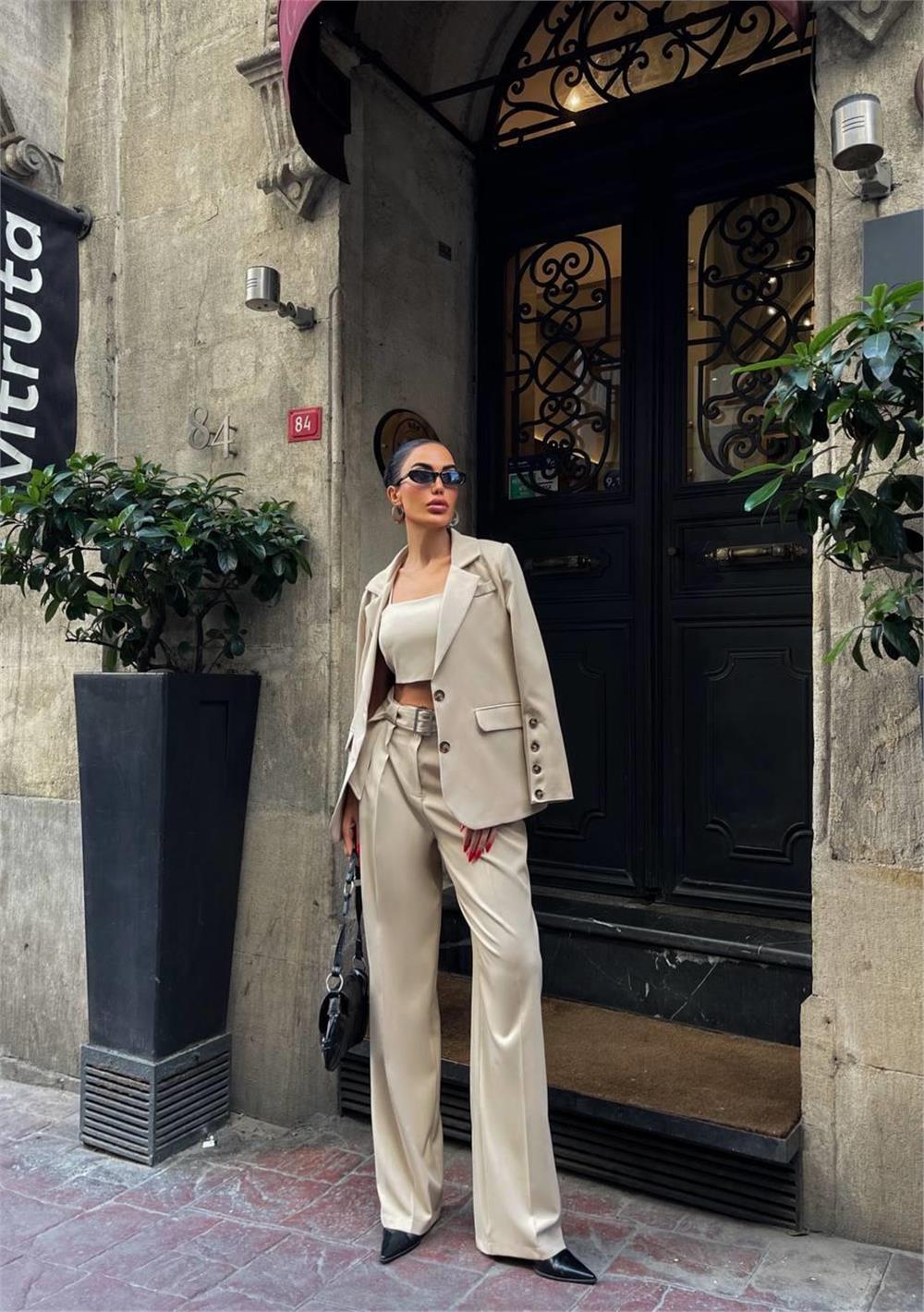 KOL 4 DÜĞME - BÜSTİYERLİ 3 CEKET PANTOLON TAKIM - Bej