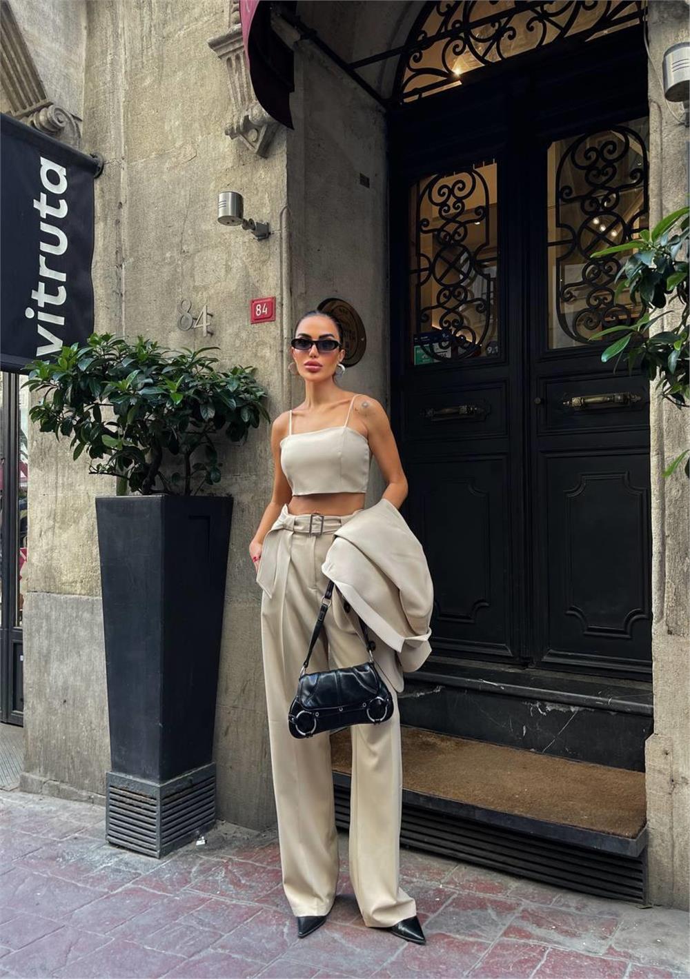 KOL 4 DÜĞME - BÜSTİYERLİ 3 CEKET PANTOLON TAKIM - Bej