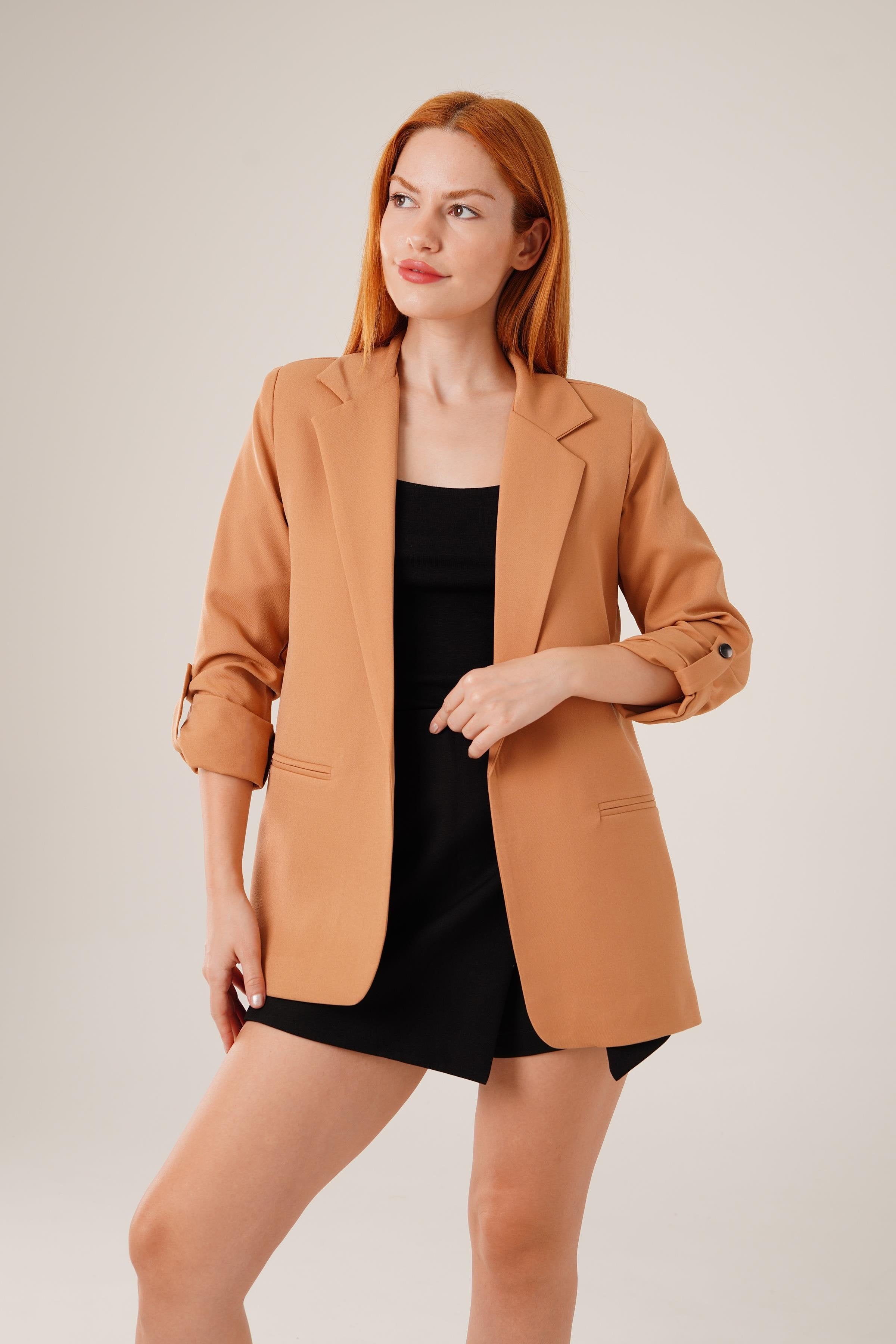 Kol Katlama Detaylı Toptan Camel Blazer Ceket