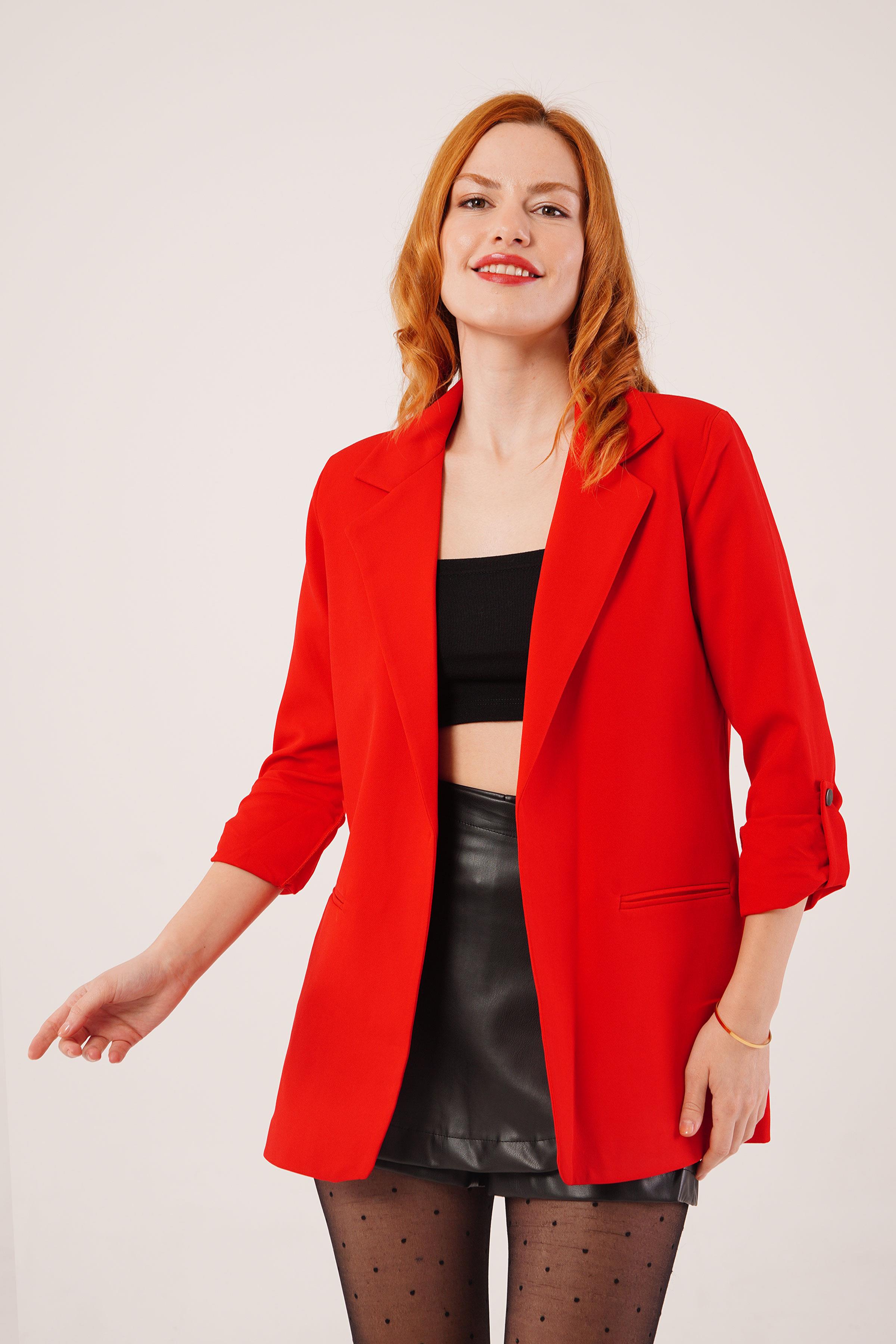 Kol Katlama Detaylı Toptan Kırmızı Blazer Ceket