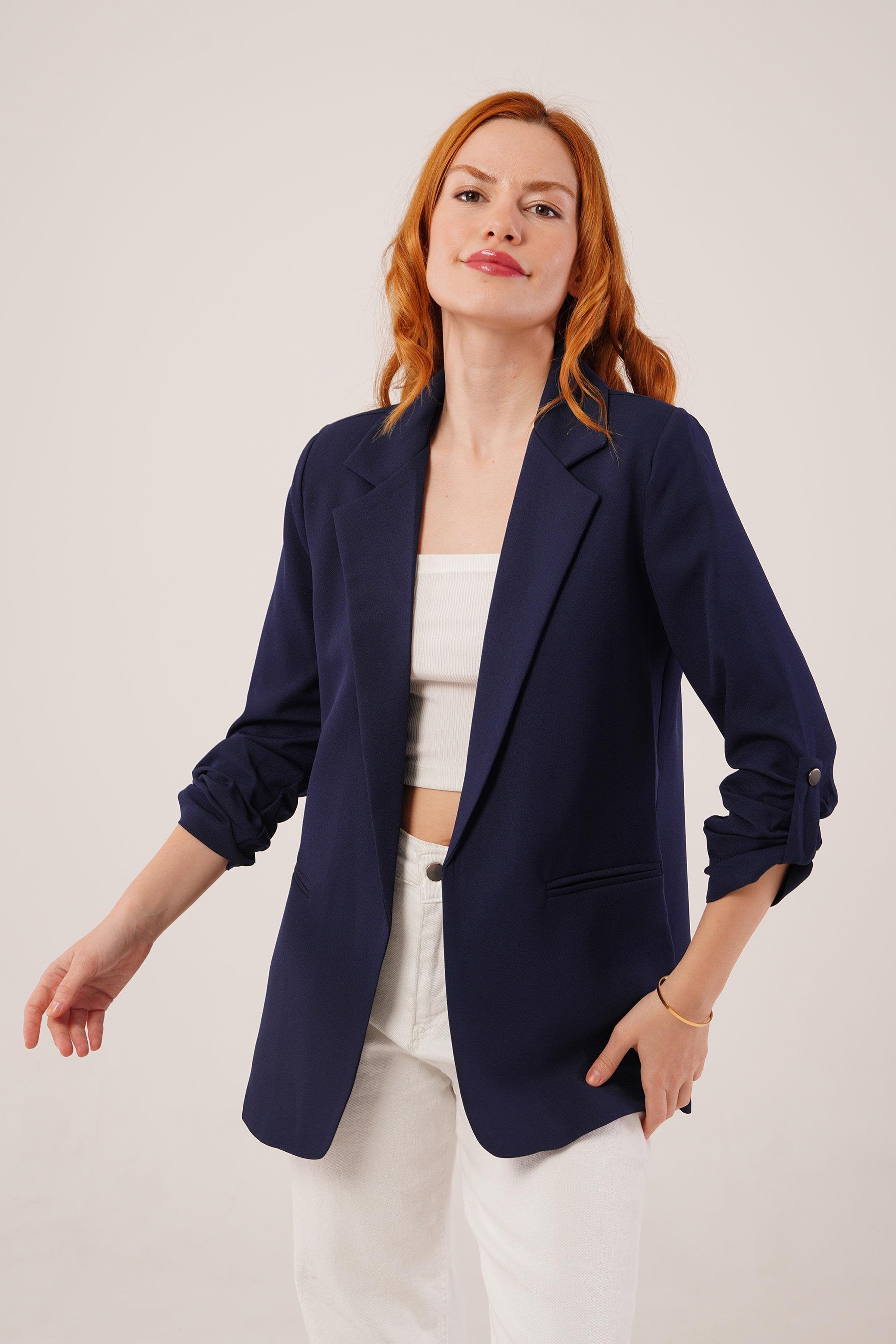 Kol Katlama Detaylı Toptan Lacivert Blazer Ceket