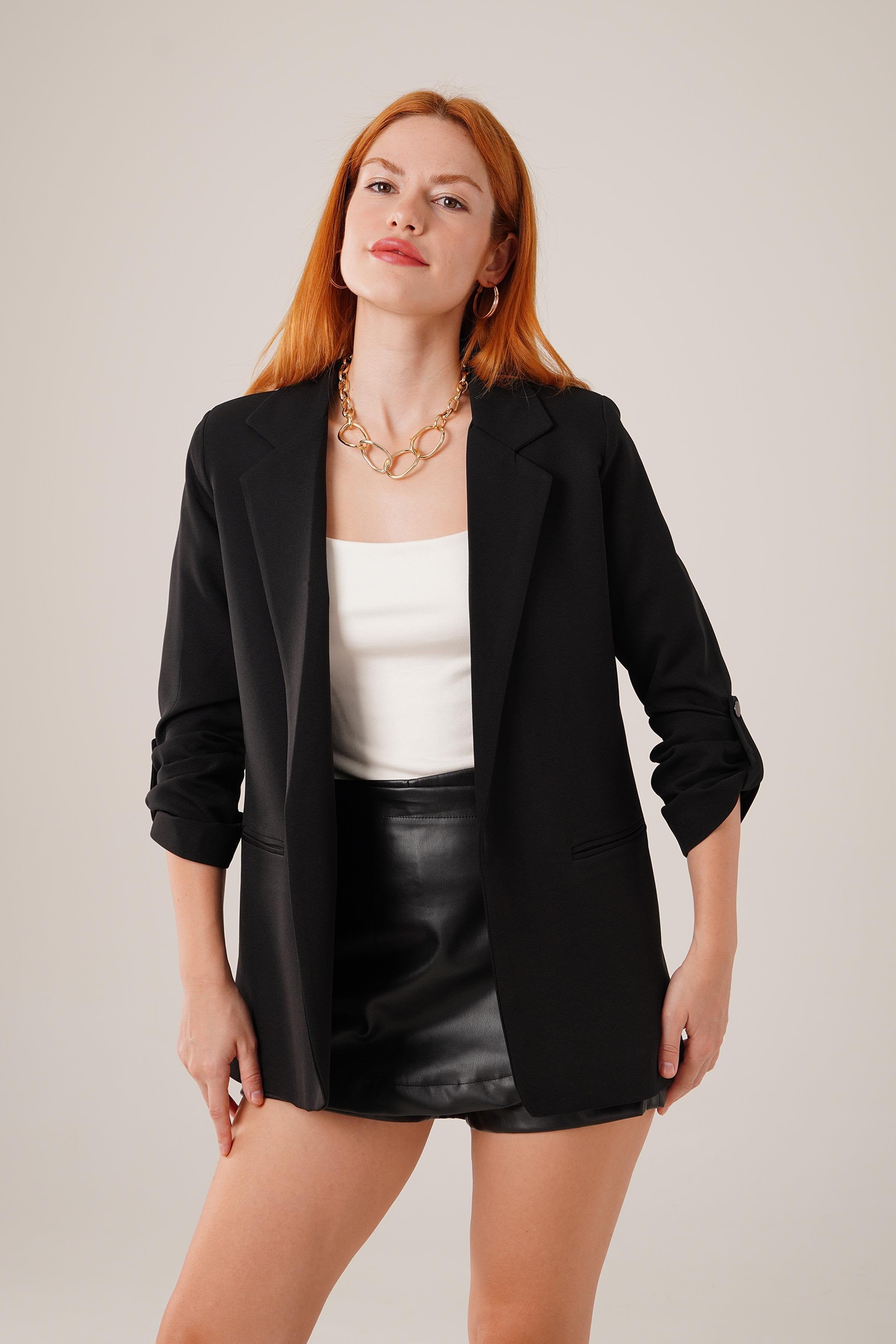 Kol Katlama Detaylı Toptan Siyah Blazer Ceket