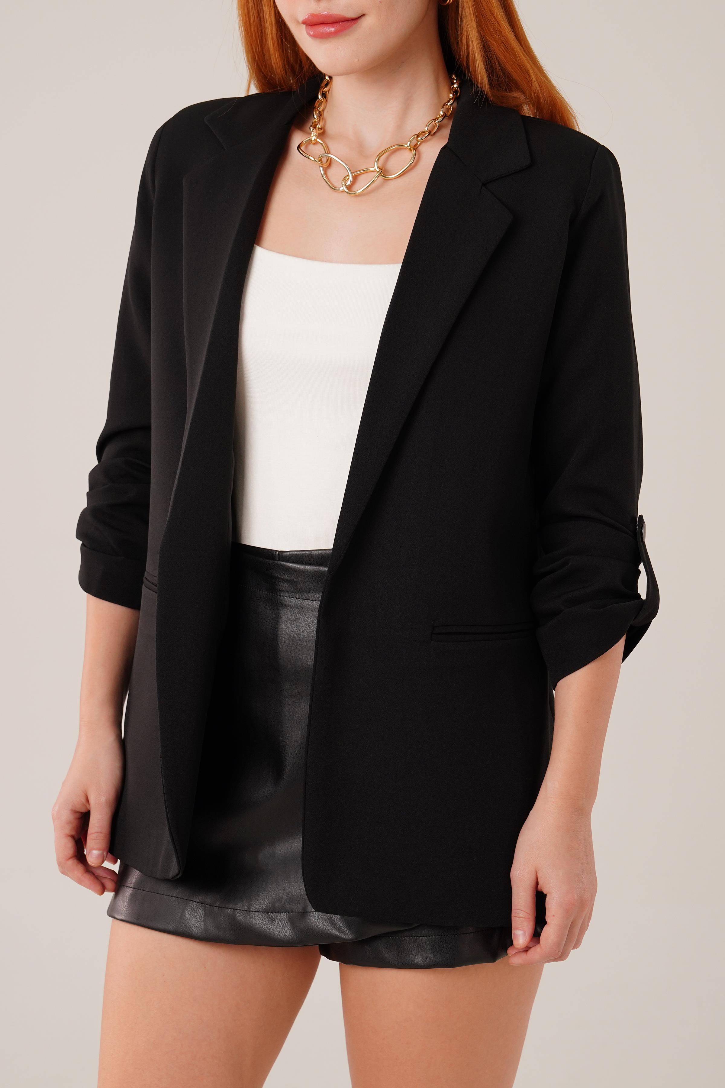 Kol Katlama Detaylı Toptan Siyah Blazer Ceket