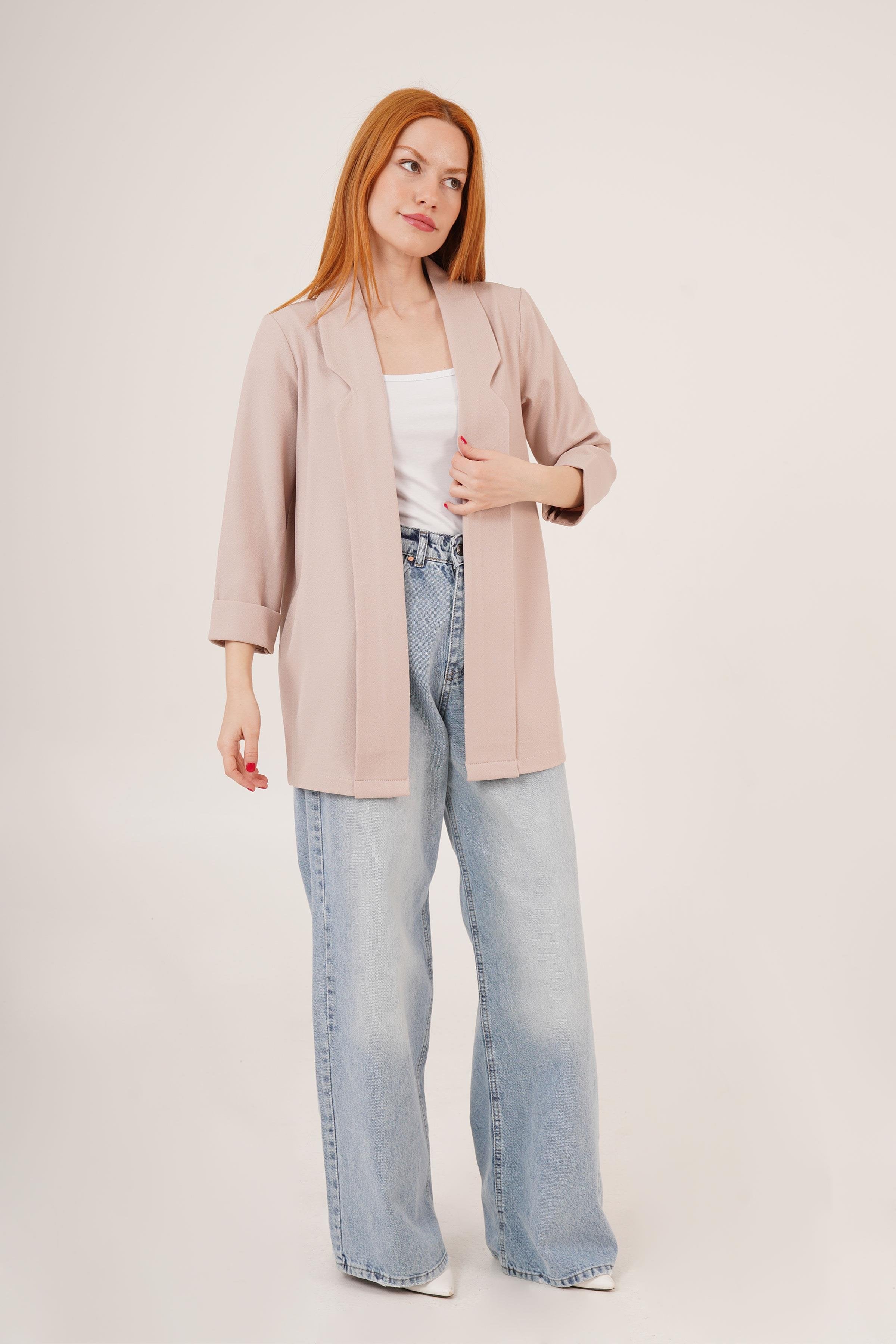 Kol Katlama Dikiş Detaylı Bej Toptan Yazlık Blazer Ceket