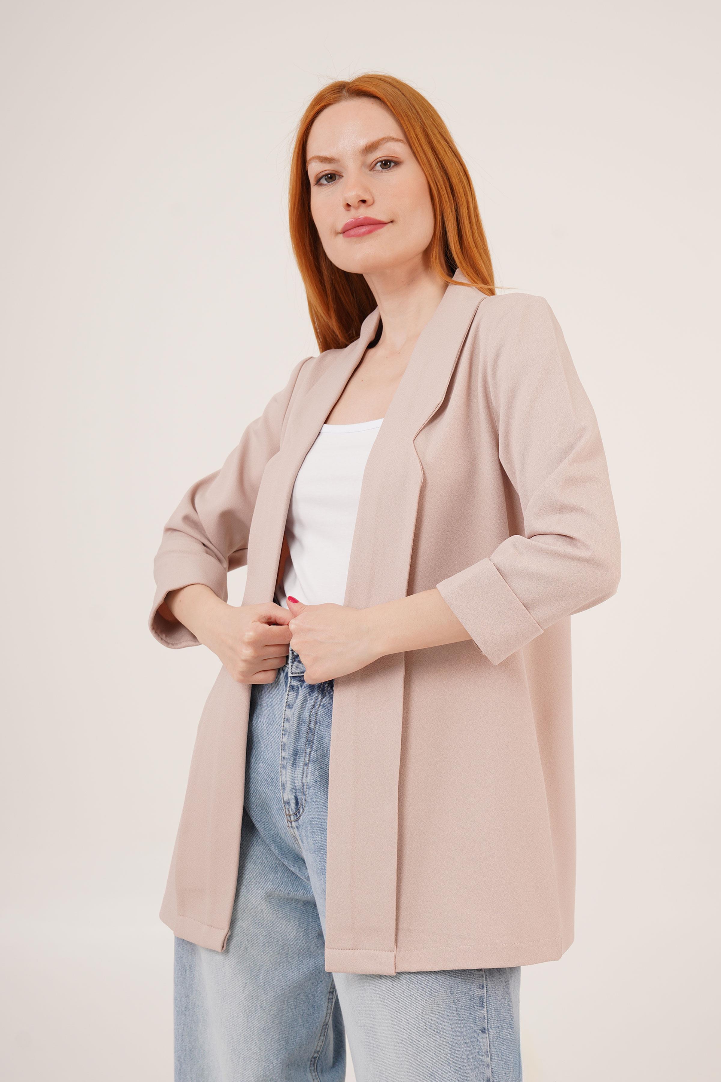 Kol Katlama Dikiş Detaylı Bej Toptan Yazlık Blazer Ceket