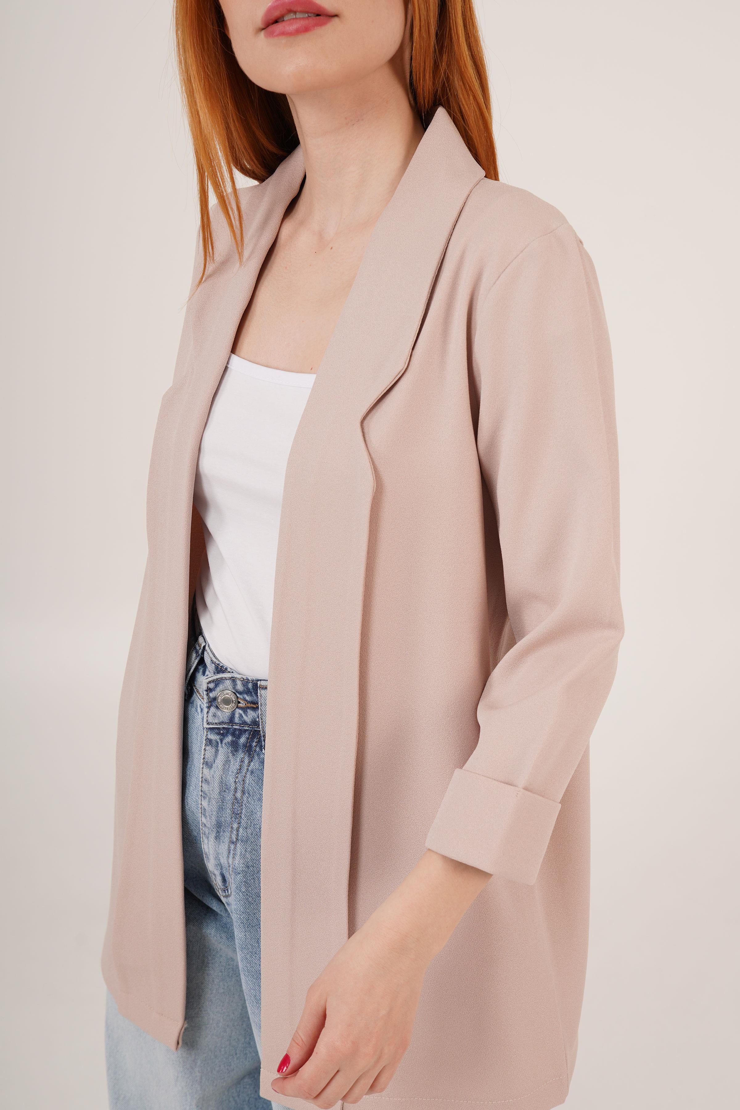 Kol Katlama Dikiş Detaylı Bej Toptan Yazlık Blazer Ceket