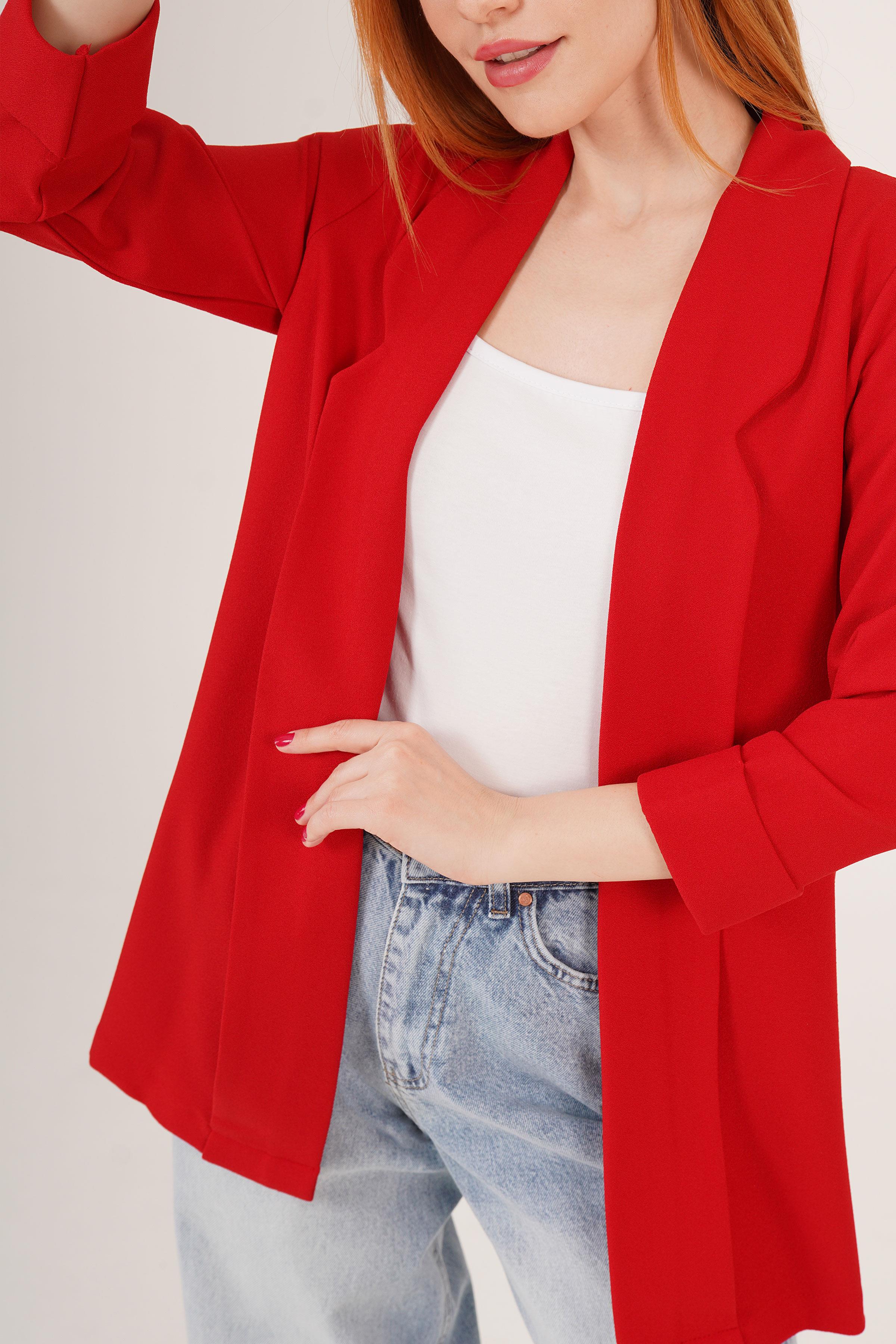 Kol Katlama Dikiş Detaylı Kırmızı Toptan Yazlık Blazer Ceket