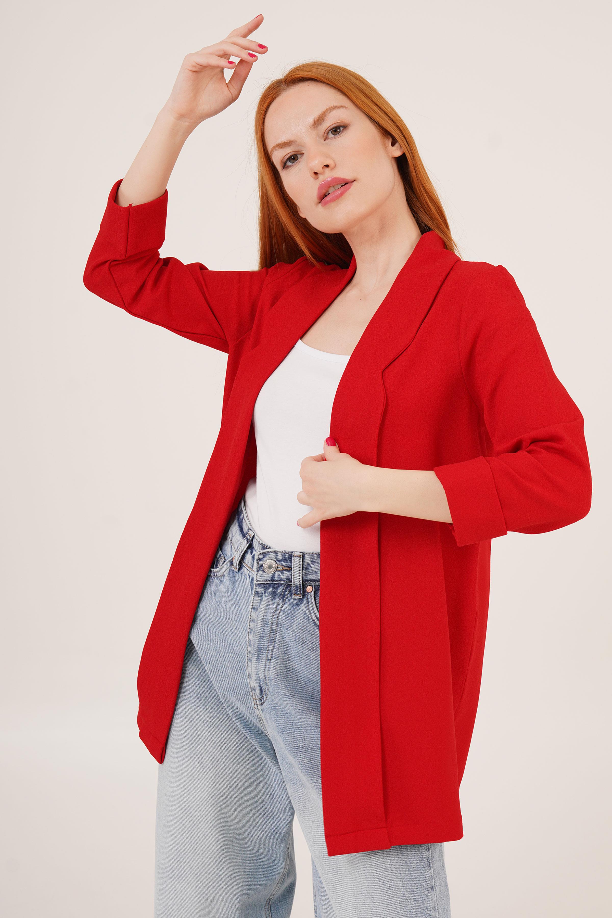Kol Katlama Dikiş Detaylı Kırmızı Toptan Yazlık Blazer Ceket