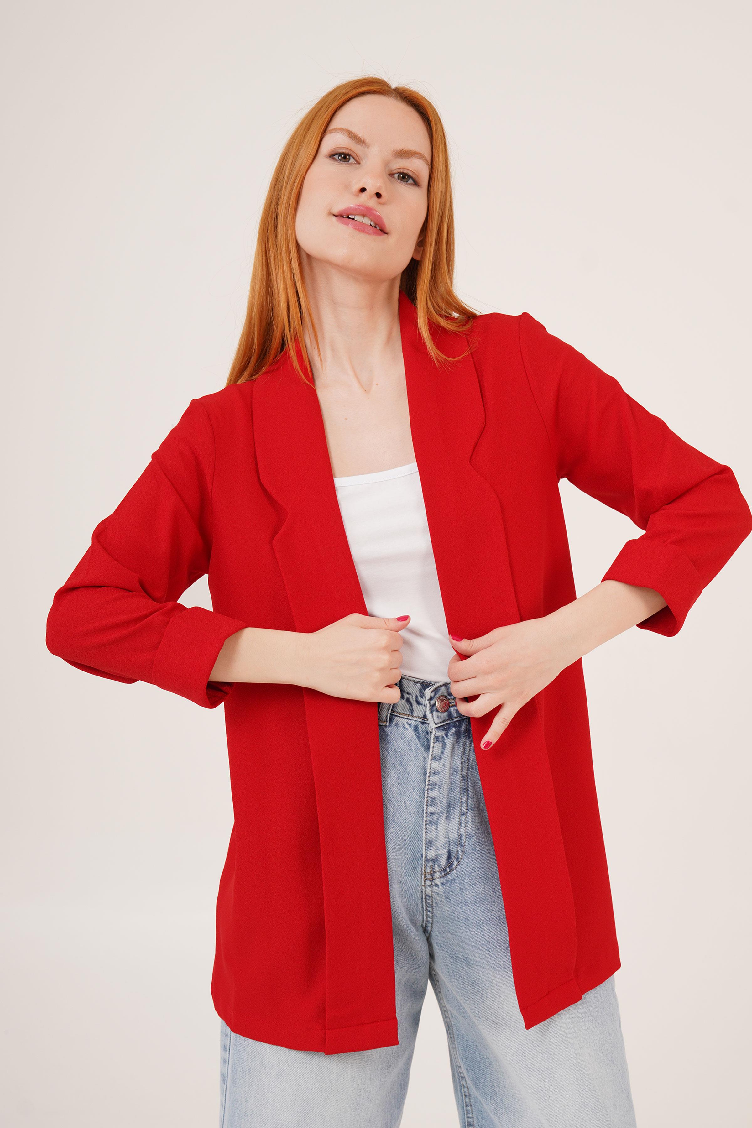 Kol Katlama Dikiş Detaylı Kırmızı Toptan Yazlık Blazer Ceket