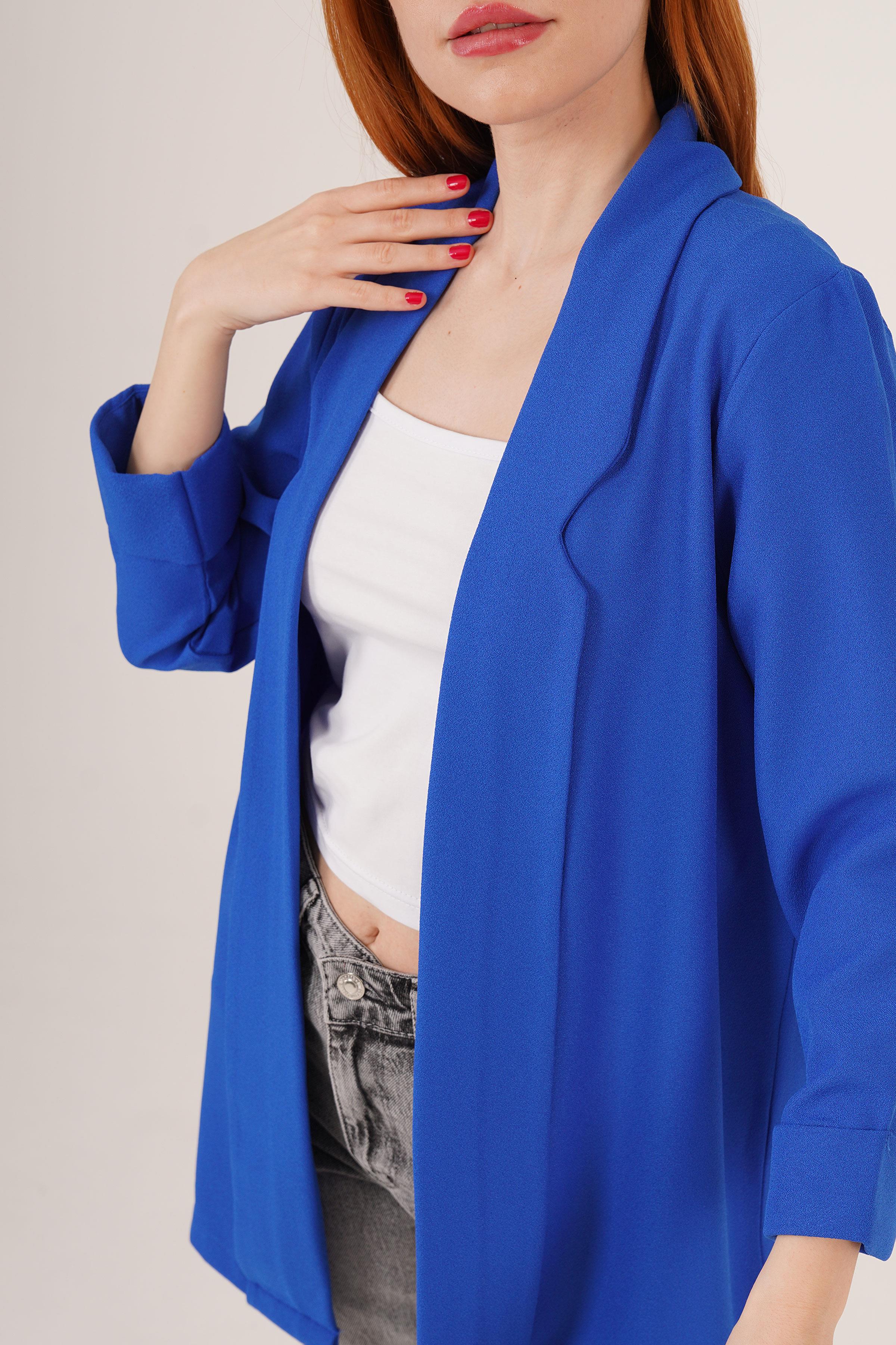 Kol Katlama Dikiş Detaylı Saks Toptan Yazlık Blazer Ceket
