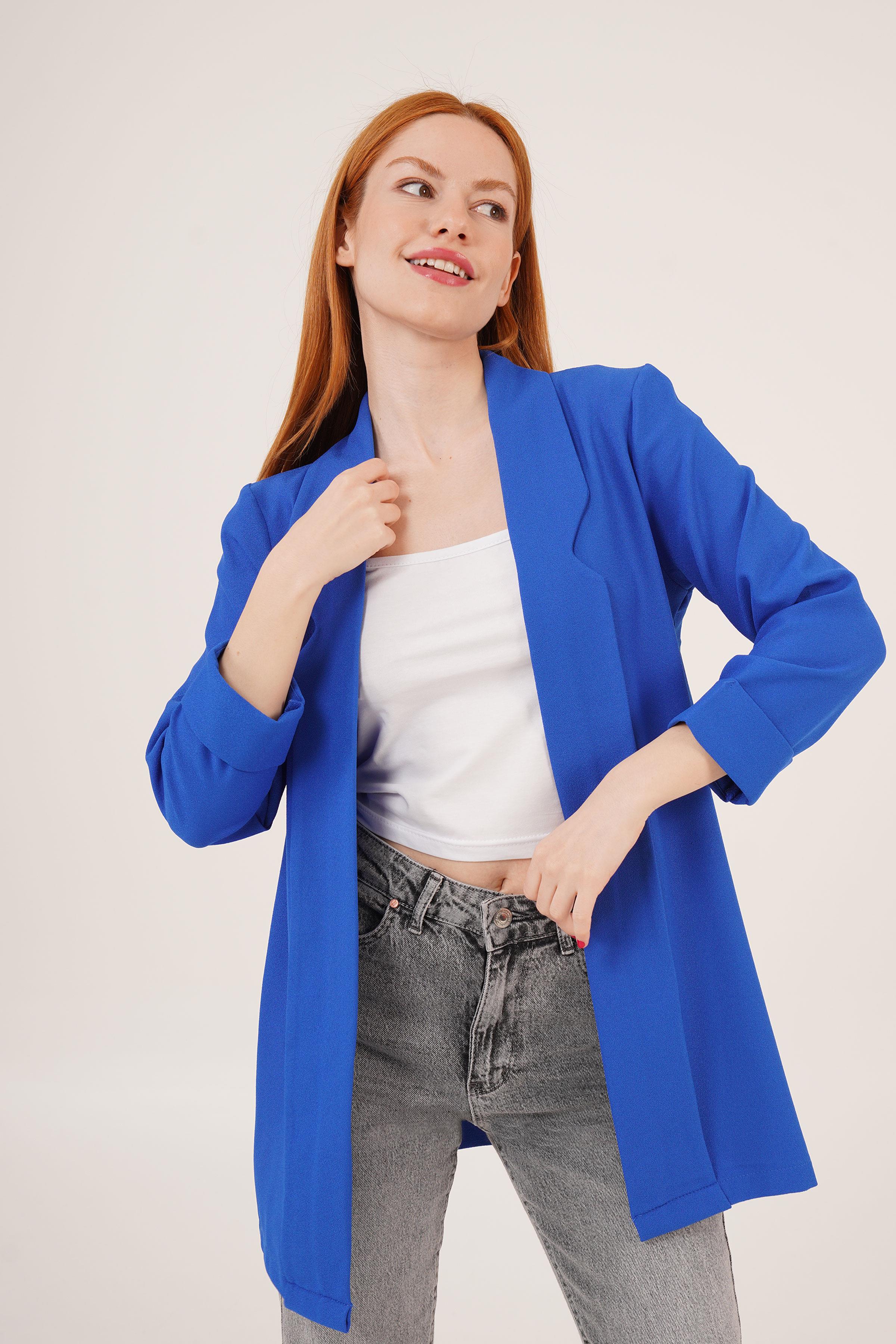 Kol Katlama Dikiş Detaylı Saks Toptan Yazlık Blazer Ceket