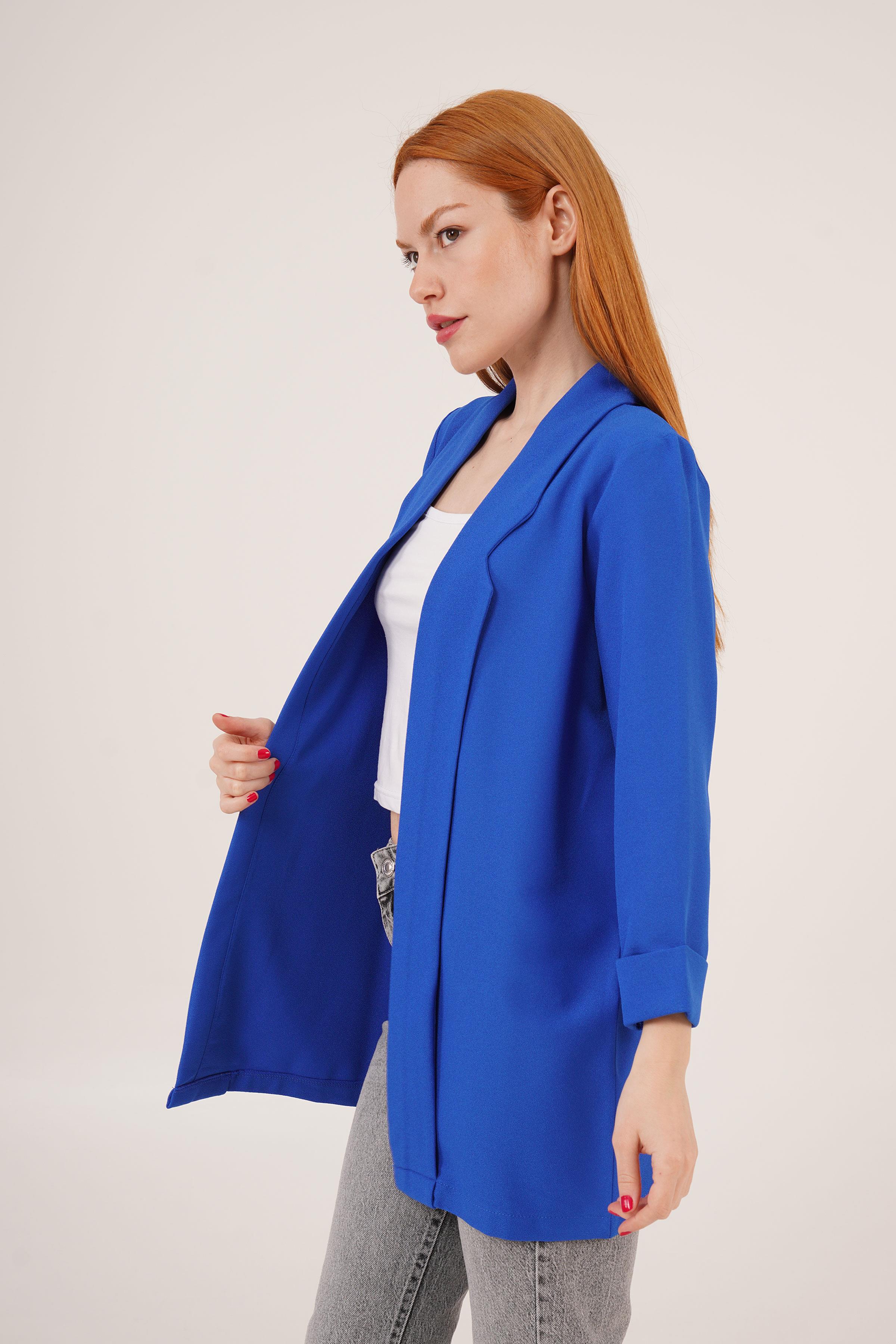 Kol Katlama Dikiş Detaylı Saks Toptan Yazlık Blazer Ceket