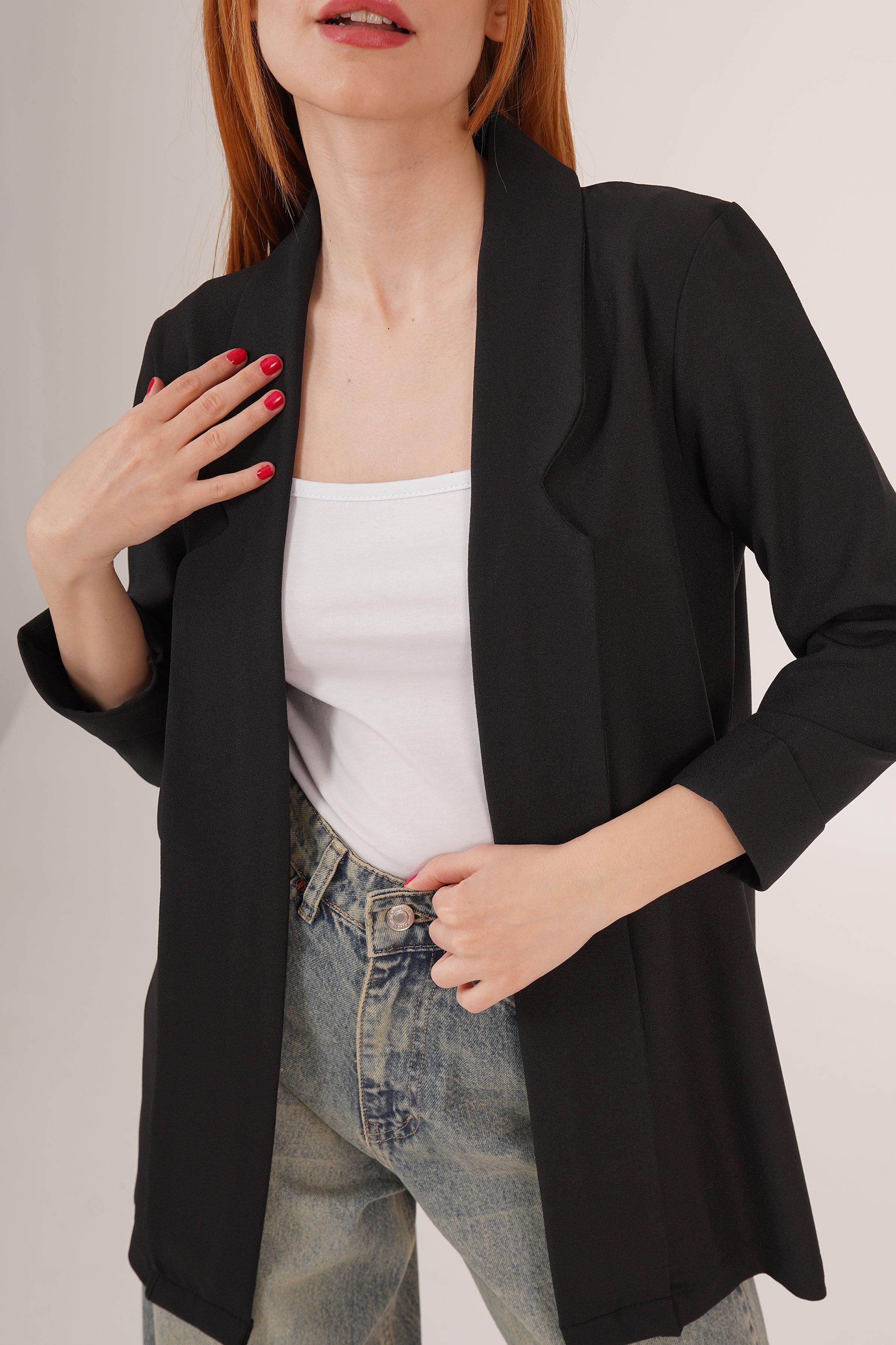 Kol Katlama Dikiş Detaylı Siyah Toptan Yazlık Blazer Ceket