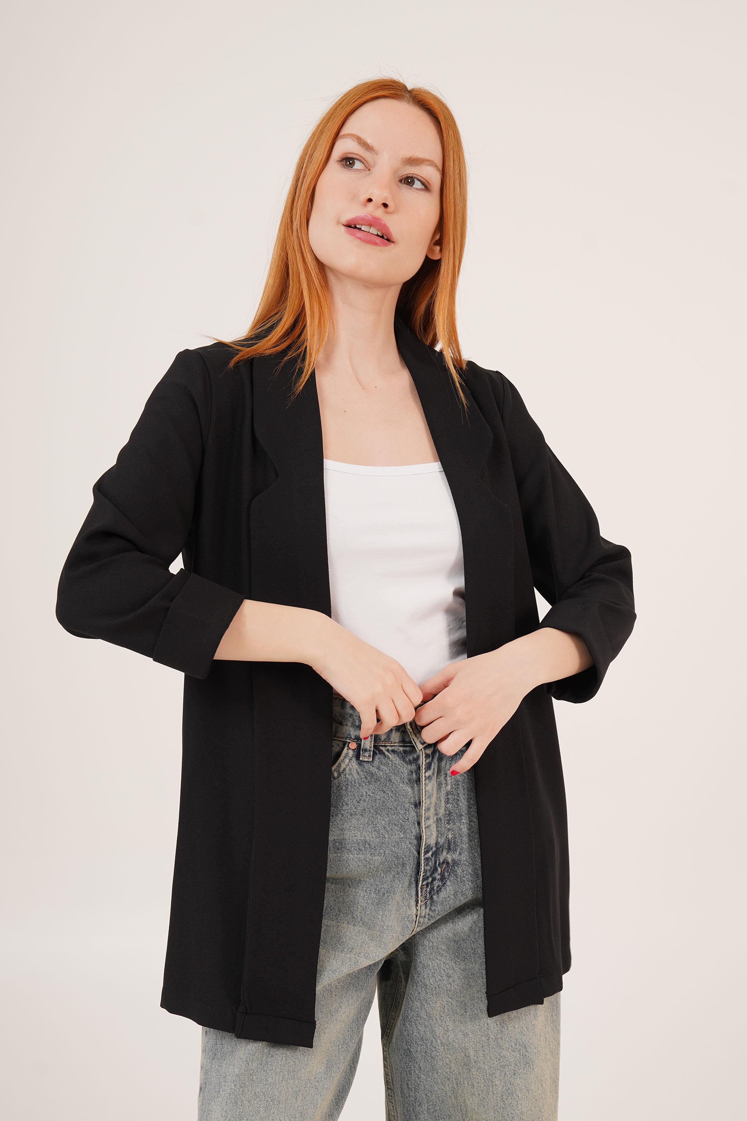 Kol Katlama Dikiş Detaylı Siyah Toptan Yazlık Blazer Ceket