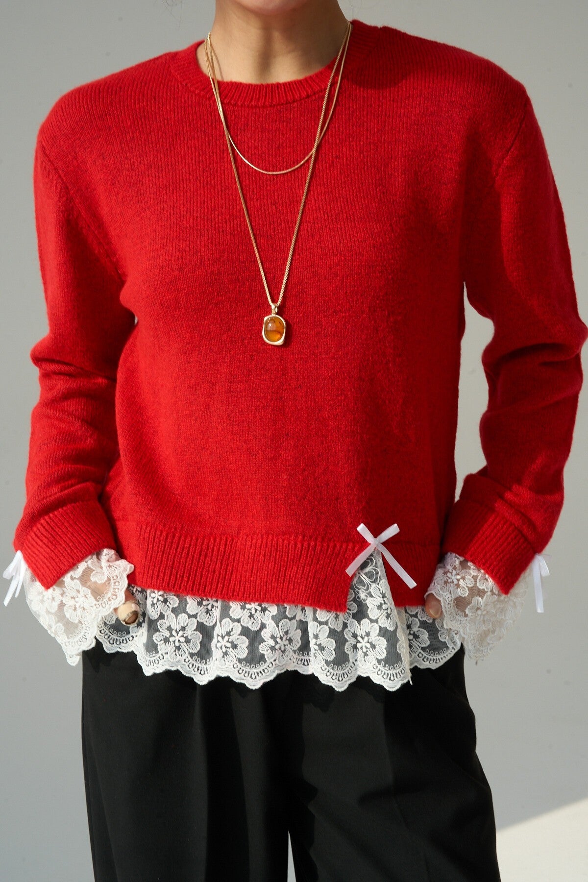 Red Sweater with Lace Sleeves and Hem