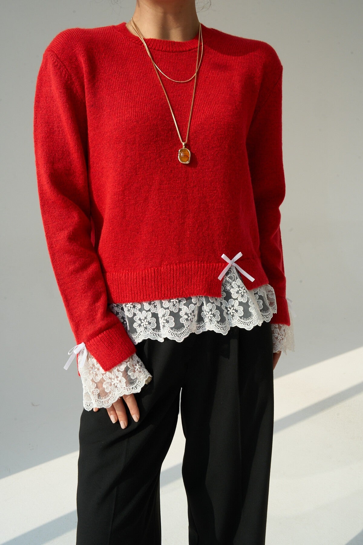 Red Sweater with Lace Sleeves and Hem
